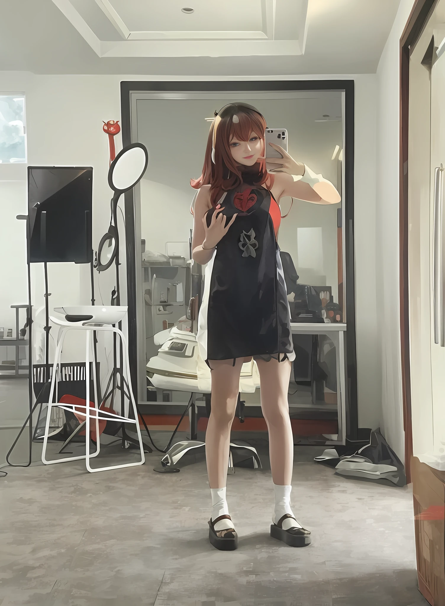 There is a woman taking a selfie in the mirror, full body photo, full body! Beautiful face, cute young lady all over, black and red dress, anime girl cosplay, height 165 cm, Spider-Man. --auto --s2