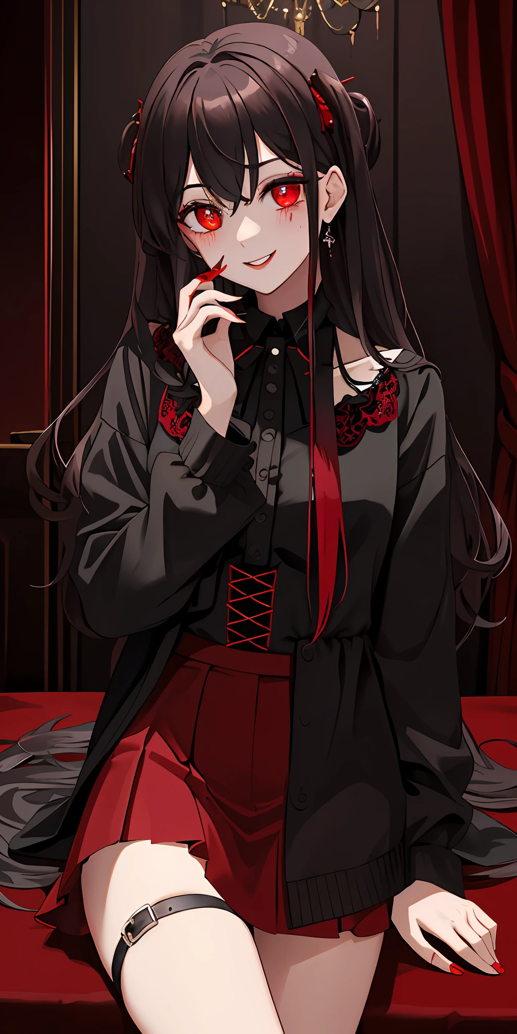 masterpiece, best quality, highres, (2girls), gorgeous, (vampire:1.15), (red shimmering eyes:1.1), black and white gothic casual dressing, (inside vip club section:1.1), blood stains on lips and cheek, evil smile, mischievous eyes, (best quality, masterpiece1.2), blood, horror, blood splatter, unique, experimental,blush, school uniform, (groping),yuri, kiss,