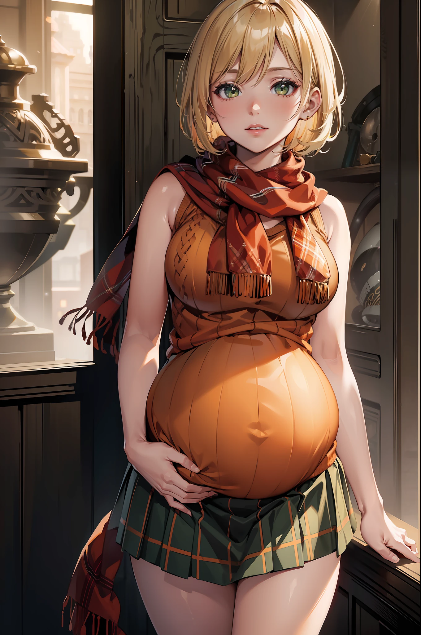 masterpiece, (photorealistic: 1.4), best quality, beautiful lighting, 1girl, solo, pregnant, big pregnant belly, long hair, straight hair, breasts, lips, realistic, (extremely detailed CG unit 8k wallpaper), intricate, high detail, sharp focus, dramatic, beautiful girl, RAW photo, 8k uhd, film grain, caustic, subsurface scattering, reflections, (cowboy shot),
Ashley, short blonde hair, ((orange sweater)), (red scarf:1.3), (green tartan skirt)
best quality, highres,