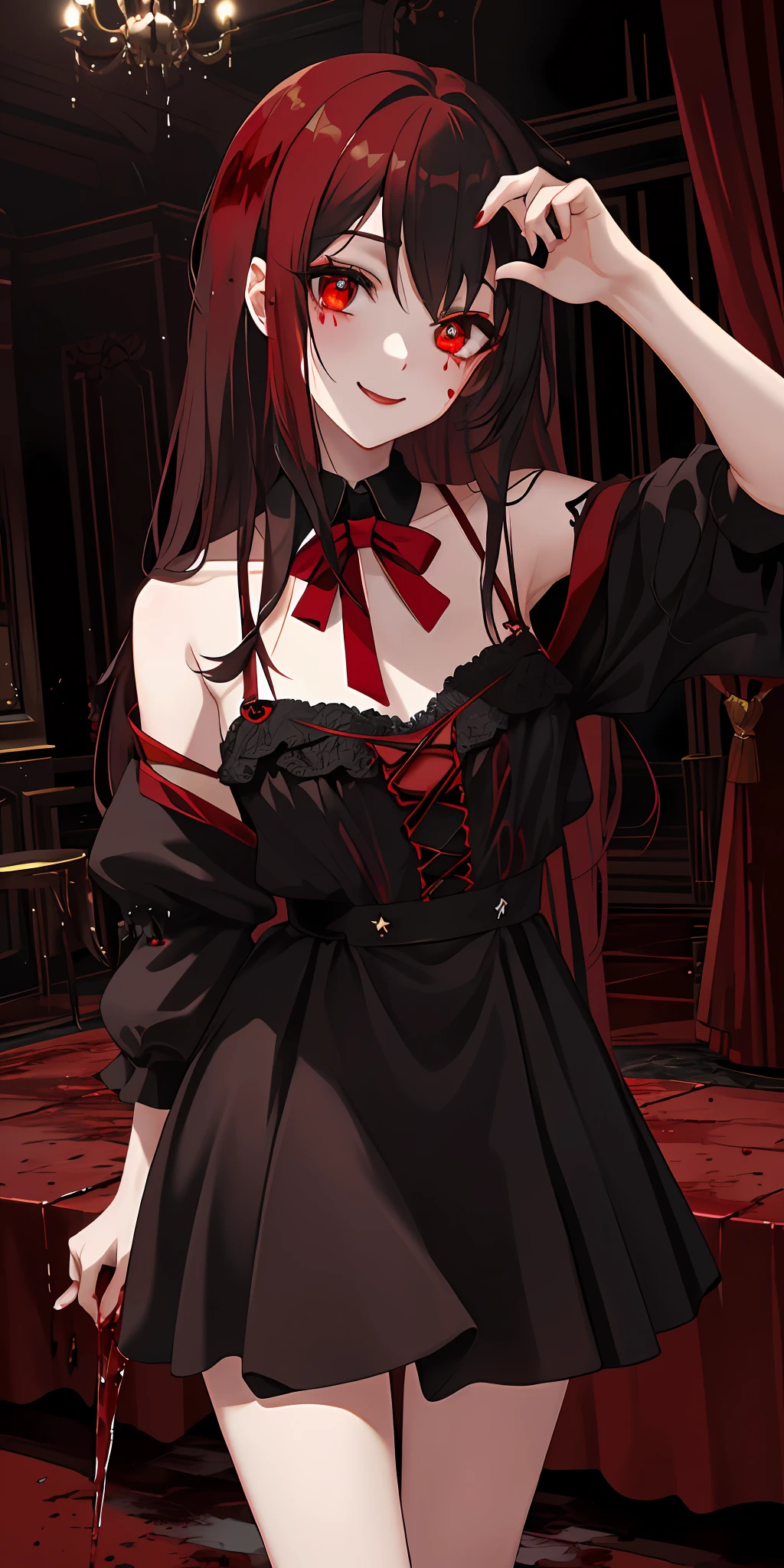 masterpiece, best quality, highres, (2girls), gorgeous, (vampire:1.15), (red shimmering eyes:1.1), black and white gothic casual dressing, (inside vip club section:1.1), blood stains on lips and cheek, evil smile, mischievous eyes, (best quality, masterpiece1.2), blood, horror, blood splatter, unique, experimental,blush, school uniform, (groping),yuri, kiss,
