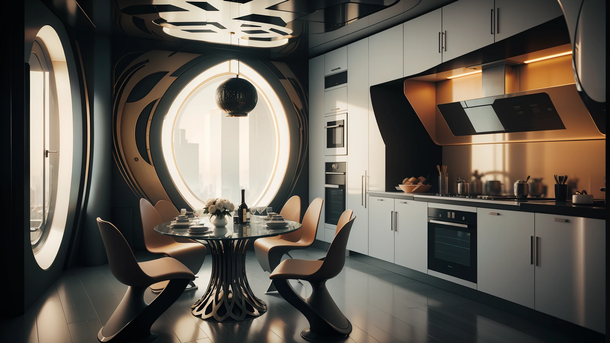 there is a table with chairs and a table with a bowl on it, retro futuristic apartment, futuristic interior, futuristic decor, futuristic persian palace, futuristic decoration, futuristic room, futuristic furniture, vray beautiful, cyberpunk apartment, futuristic architectural art, futuristic looking living room, rendered in lumion pro, the cyberpunk apartment, futuristic design, rendered in lumion, soviet apartment --auto --s2