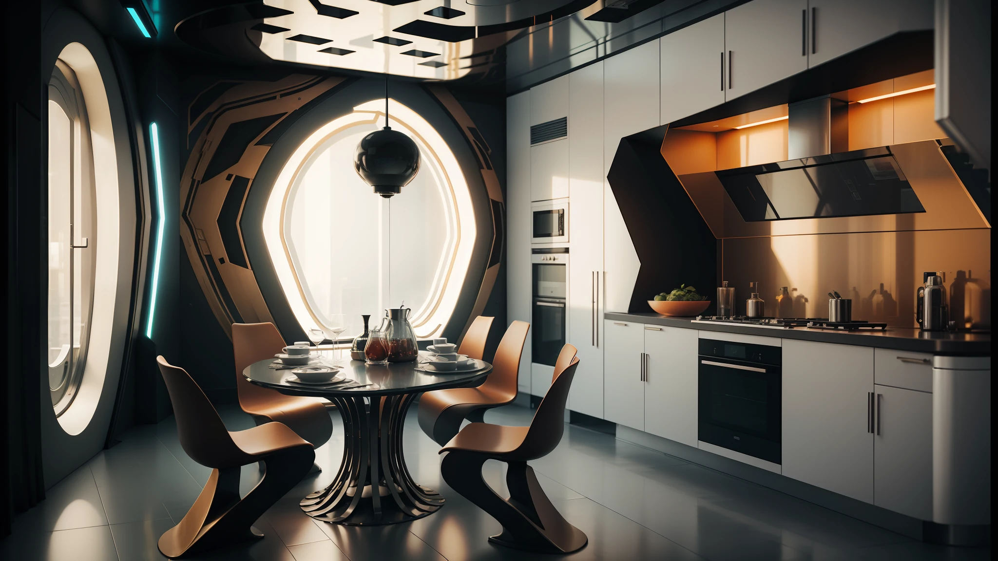 there is a table with chairs and a table with a bowl on it, retro futuristic apartment, futuristic interior, futuristic decor, futuristic persian palace, futuristic decoration, futuristic room, futuristic furniture, vray beautiful, cyberpunk apartment, futuristic architectural art, futuristic looking living room, rendered in lumion pro, the cyberpunk apartment, futuristic design, rendered in lumion, soviet apartment --auto --s2