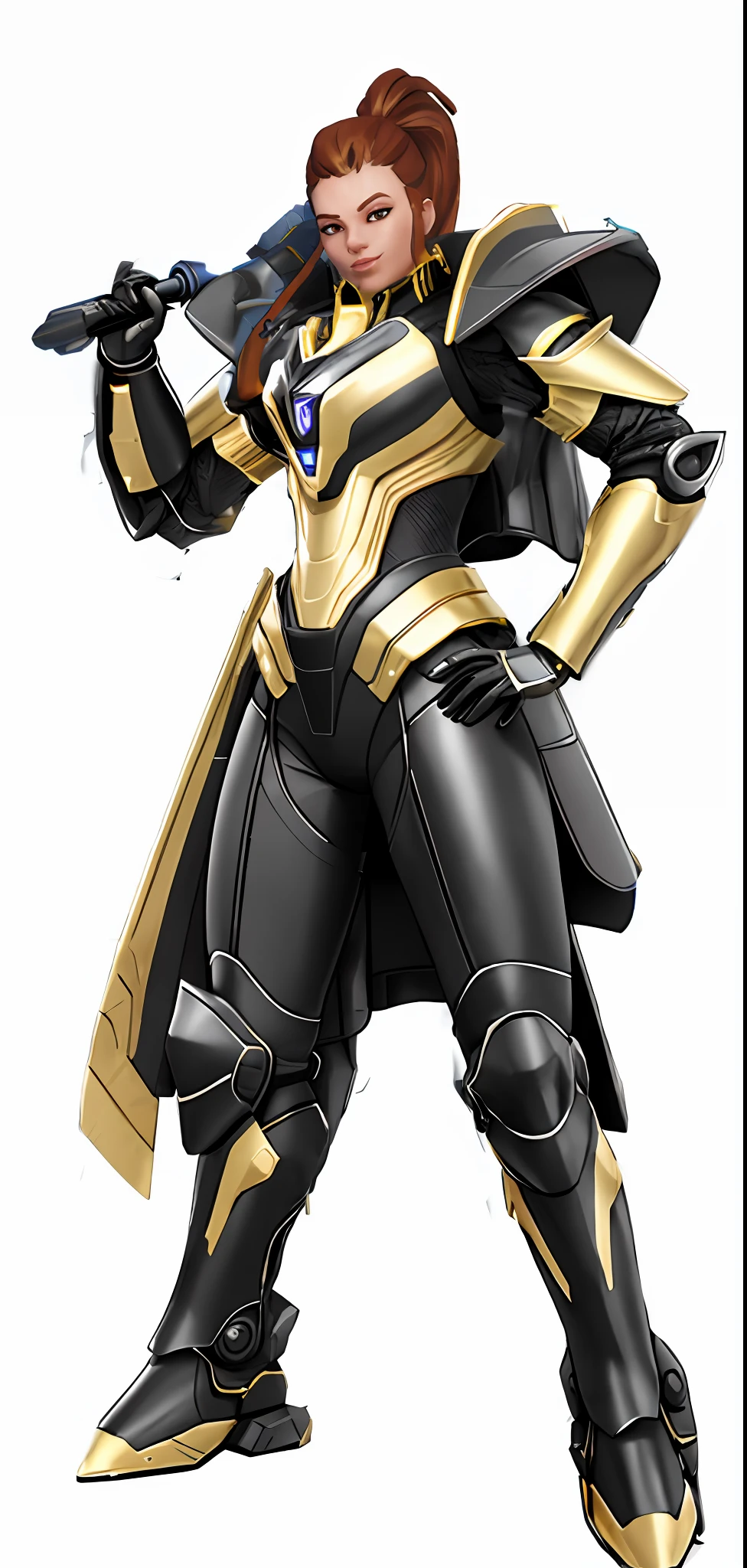 a close up of a woman in a futuristic suit, black and golden armor, sleek gold armor, black and gold armor, gold sci - fi armour, heavy gold obsidian armor, gold obsidian armor, black armor with yellow accents, girl in mecha cyber armor, gold armour suit, diverse cybersuits, golden full body armor, body golden armor