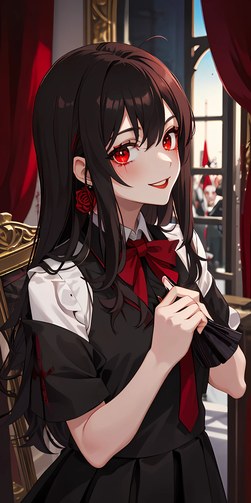 masterpiece, best quality, highres, (2girls), gorgeous, (vampire:1.15), (red shimmering eyes:1.1), black and white gothic casual dressing, (inside vip club section:1.1), blood stains on lips and cheek, evil smile, mischievous eyes, (best quality, masterpiece1.2), blood, horror, blood splatter, unique, experimental,blush, school uniform, (groping),yuri, kiss,