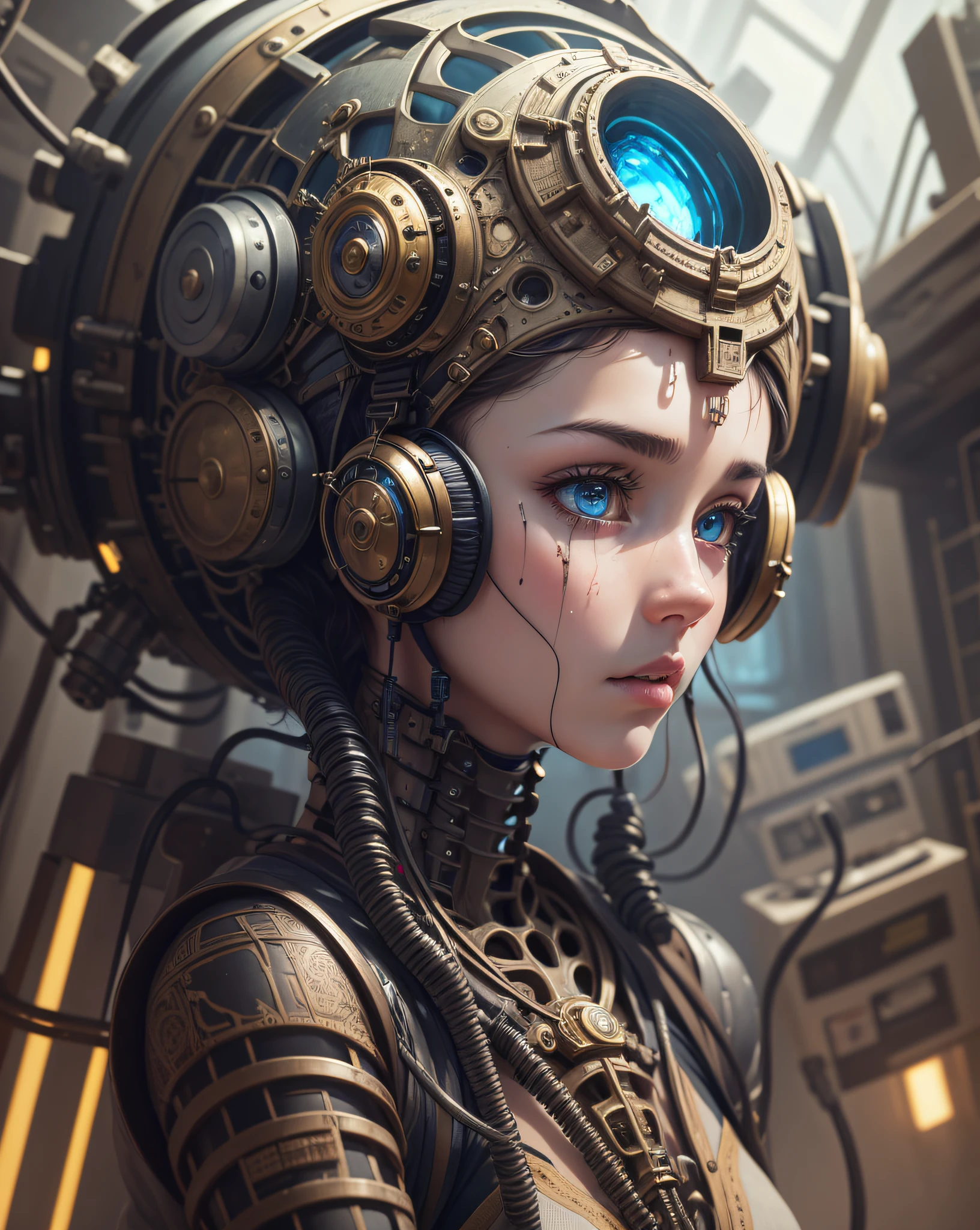 (masterpiece, best quality, high detailed), 1girl, biomechanical ody with intricate cables and holes, wearing helmet, (destroyed laboratory:1.2) with intrecate cables and monitors, (close up, wide angle)