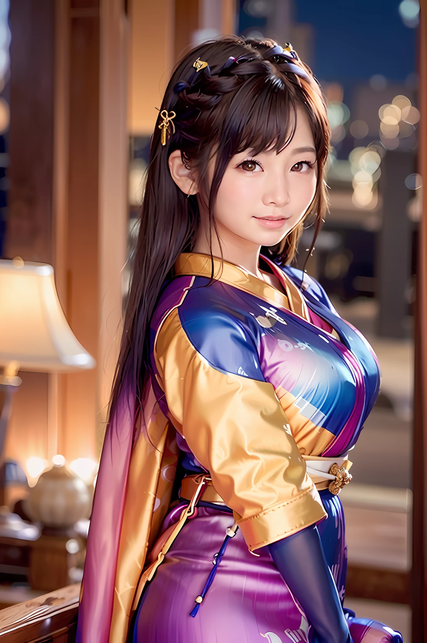 woman posing for a photo with hands behind her back, (wearing kimono_clothes, colorful dress:1.3),beautiful jpd_woman,perfect jpd_face,perfect jpd_body,
good hand,4k, high-res, masterpiece, best quality, head:1.3,((Hasselblad photography)), finely detailed skin, sharp focus, (cinematic lighting), collarbone, night, soft lighting, dynamic angle, [:(detailed face:1.2):0.2],(((5 stars hotel))), outside,