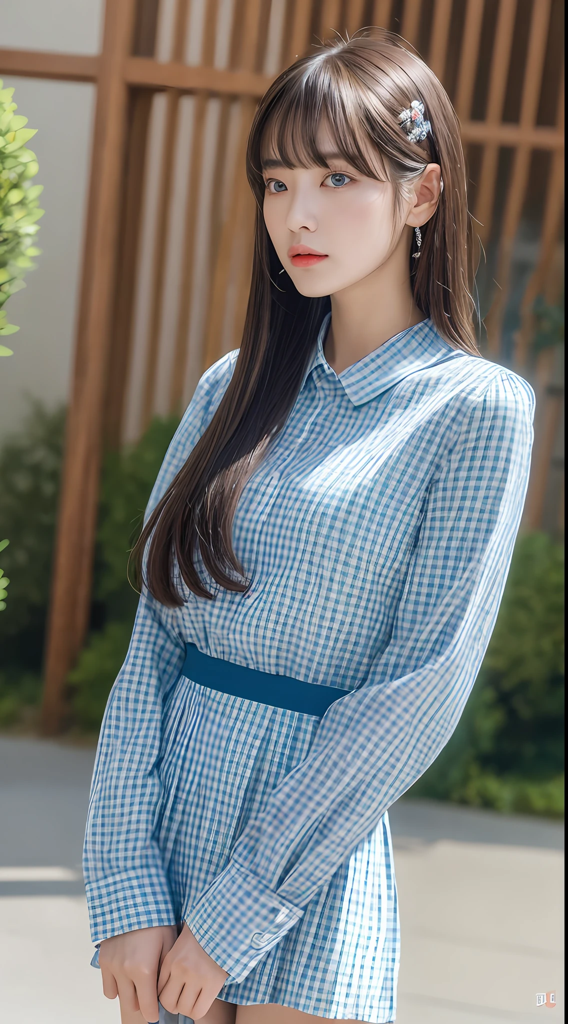 (8k, RAW photo, best quality, master:1.2), (realistic, photo-realistic:1.37), best quality, ultra high res, photon mapping, radiosity, physically-based rendering,bblurry, blurry_foreground, depth_of_field, blurry_background, 照片_ \(medium\), motion_blur,1girl, (全身), long legs, thin legs, Long hair, bairs,(see through bangs), hair_ornament, lips, hairclip, solo, blue_eyes, nosesoft,china,shirt,Gray Plaid百褶裙,不透明的衣服,俯瞰,黑色乐福鞋,大腿高筒,黑色棉袜,((户外)),
