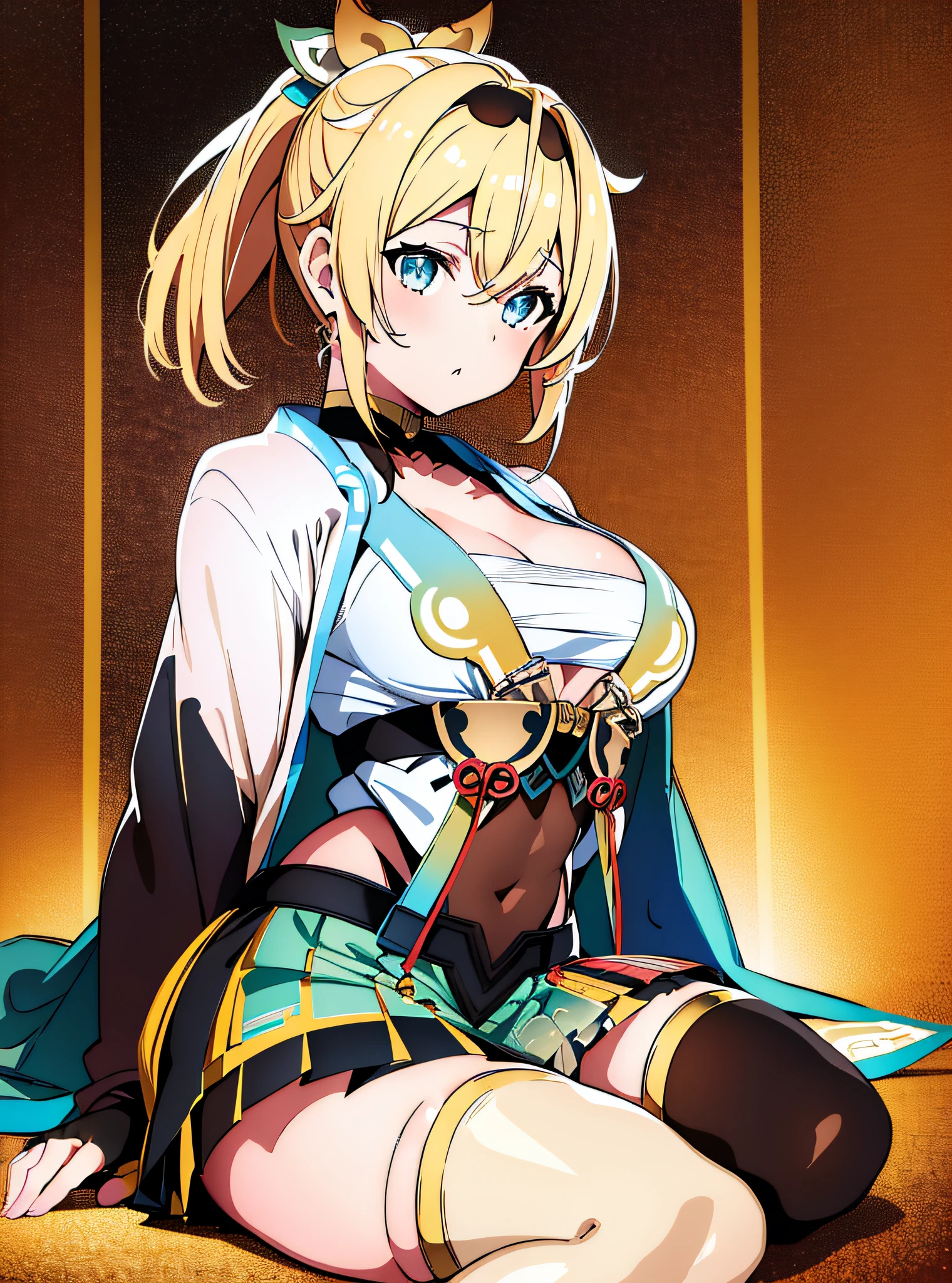 masterpiece, best quality, highres, 1girl, kazama iroha, blonde hair, fingerless gloves, gloves, sarashi, thighhighs, japanese clothes, white thighhighs, skirt, haori, black gloves, hairband, bangs, sandals, sheathed, pleated skirt, ponytail, chest sarashi, breasts, sheath, blue eyes, hair between eyes, black hairband, hair ornament, leaf hair ornament, long sleeves, covered navel, miniskirt, large breasts,