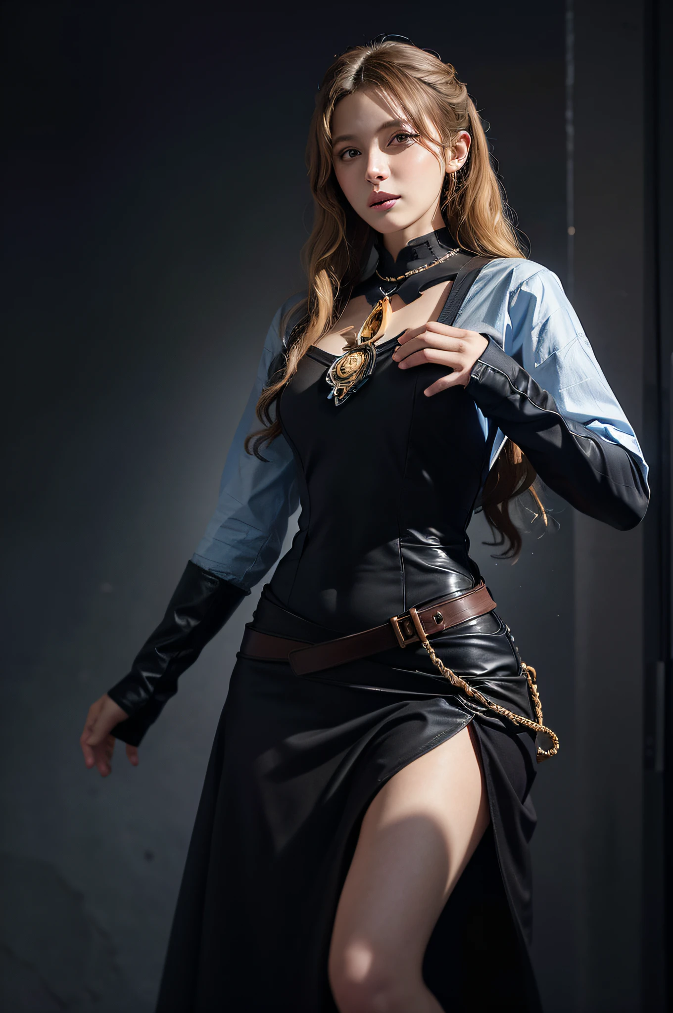 (Previous Focus), (Darkness: 1.6), Hyperrealism Female Portrait by David Hockney and Alphonse Mucha, Fantasy Art, Photoreal, Dynamic Lighting, Art Station, Poster, Volume Lighting, Highly Detailed Face, 4K, Award-Winning Girl, Moonlight, Deep Shadows, Low Key, Cowboy Shot, (formal dress: 1.4), ((curly long hair)), blonde hair, beautiful man dressed,