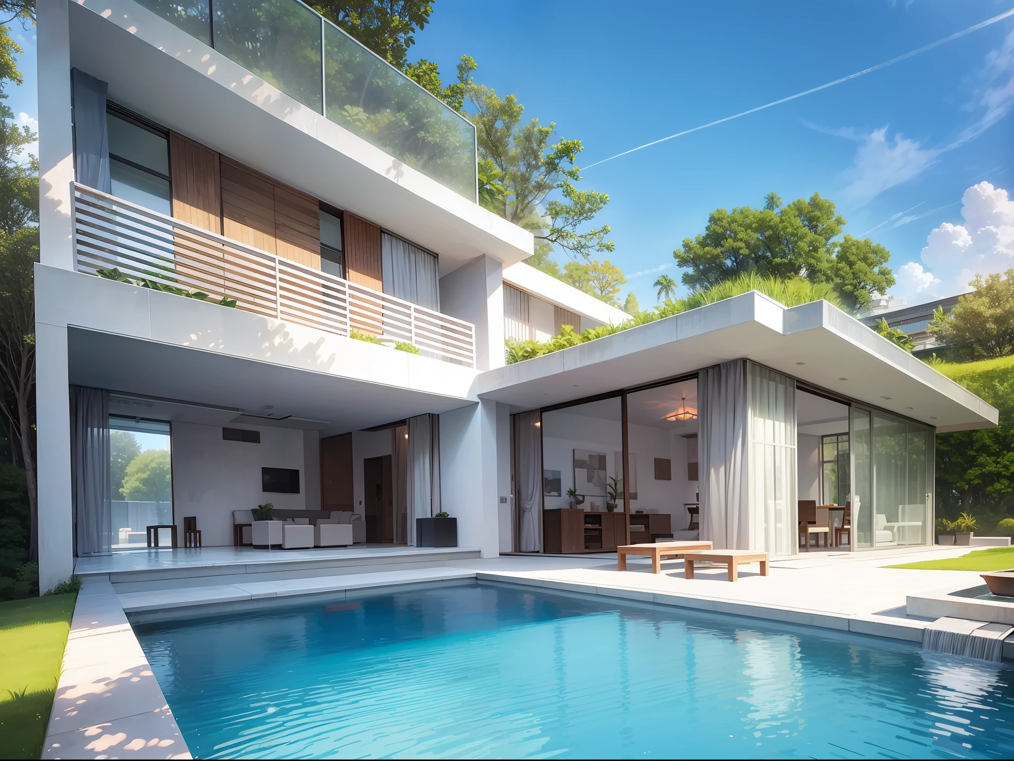 White building on lawn, wright, flowing water villa, elevation view, spectacular, stone structure, concrete structure, interior furniture, design furniture, glass, floor-to-ceiling windows, plants, trees, best quality, --auto --s2