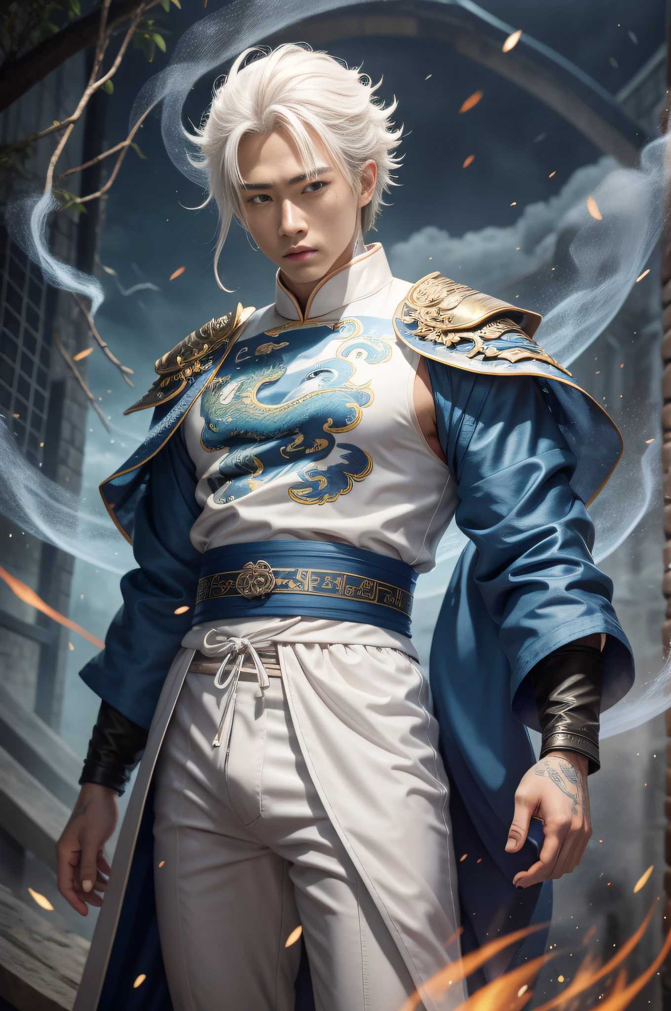 Handsome guy, 25 years old, Asian, master work, best picture quality, higher quality, high detail, super high resolution, (realistic: 1.4) 8k resolution, delicate facial features, boys, big muscles, tattoos, glowing eyes, short hair, white hair, hair details, (full body: 0.6), detailed background , [[Look away, look to the side, emphasize homosexuality and pay attention to every detail , open Hanfu transparent tulle jacket, white rubber pants, circling dragon, Chinese courtyard background (crotch bulge), thunder, ((((Blue Thunder)))) Blue Thunderbolt, Fa Gong, Wind and Thunder Technique, Chinese Kung Fu, Fingerless Gloves, Wristbands, Dragon Themed Costumes, Monk Robe, Rotating Floating Particles, Dynamic Composition, Heavy Rain Background, Very Many Thunder and Lightning Flashes
