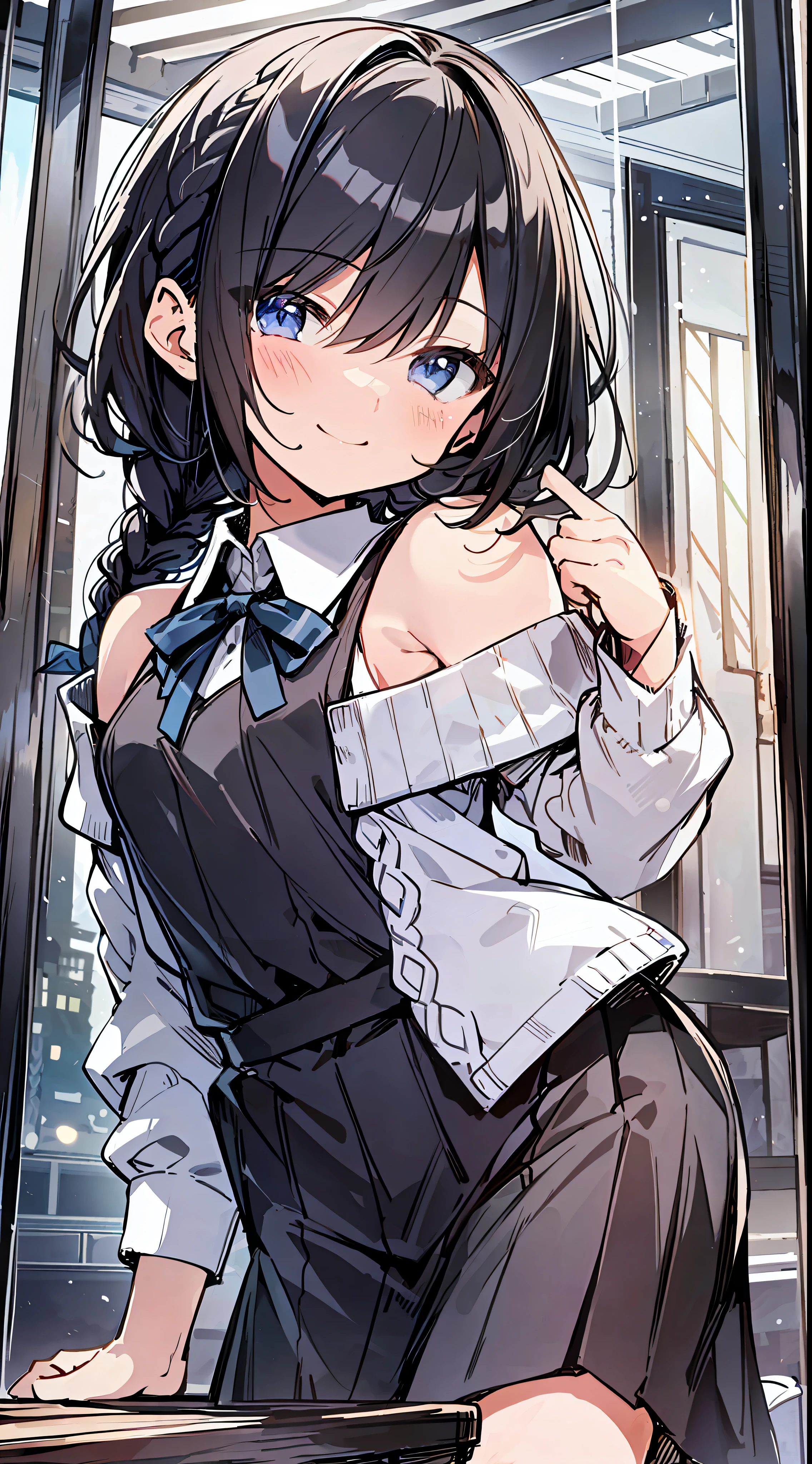 Top Quality, Best Masterpiece, Ultra High Definition, 8k, White Sweater Vest, Anime Style Little Loli, Single, Ultra Detailed Line Art, Digital Enhancement, Anime Core, Flowing Fabric, Close Up, ((Hair length to shoulder mouth and short braid)), staring at us from the front, Soft drawing, Beautiful black hair, ((Little girl in anime style)), crisp eyes, smiling smile, Ultra-detailed digital anime art, clear face depictions, ultra-detailed anime character art, ultra-detailed manga style, top quality colors, hand gestures, foot-up angles, indoor