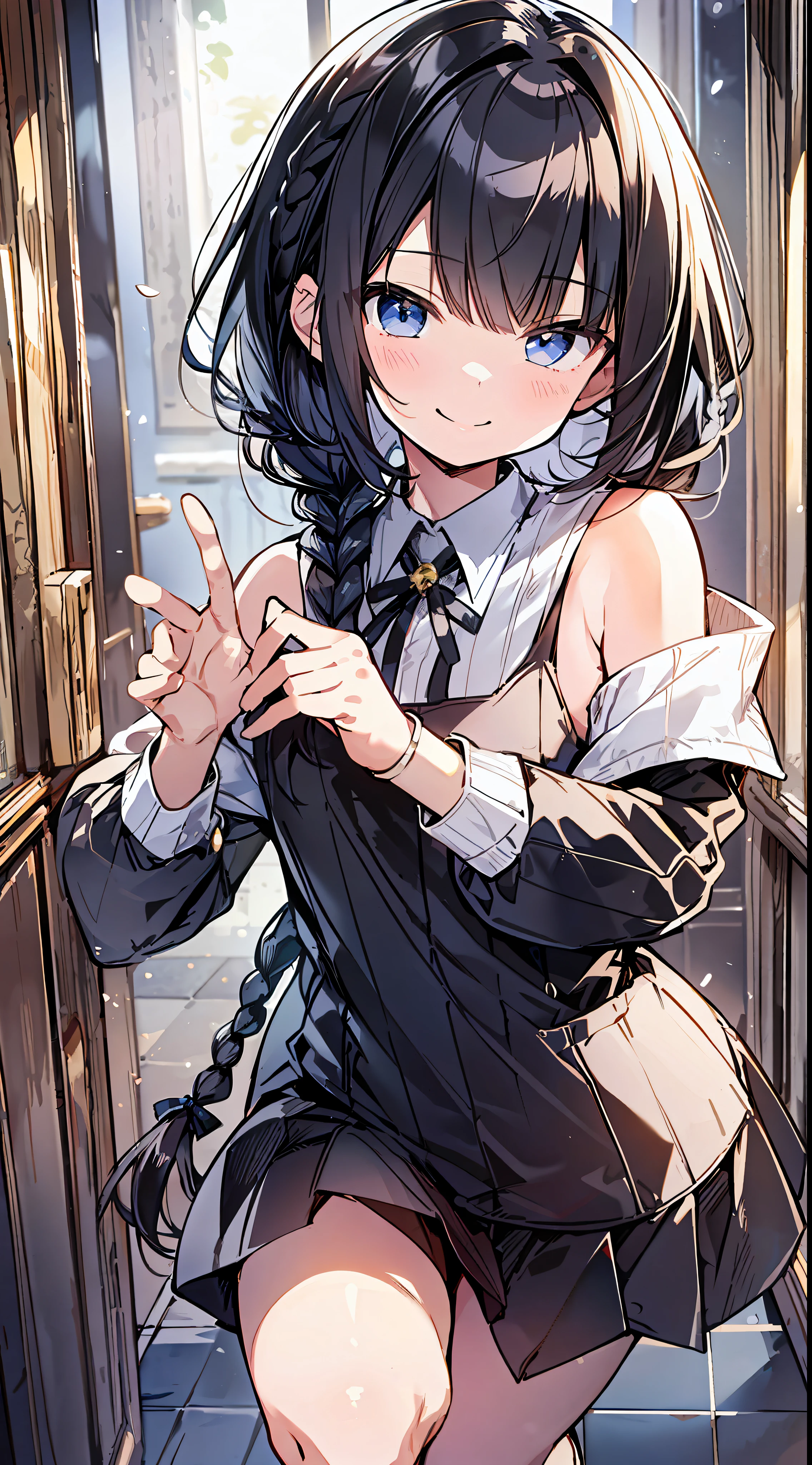 Top Quality, Best Masterpiece, Ultra High Definition, 8k, White Sweater Vest, Anime Style li, Single, Ultra Detailed Line Art, Digital Enhancement, Anime Core, Flowing Fabric, Close Up, ((Hair length to shoulder mouth and short braid)), staring at us from the front, Soft drawing, Beautiful black hair, ((Little gianime style)), crisp eyes, smiling smile, Ultra-detailed digital anime art, clear face depictions, ultra-detailed anime character art, ultra-detailed manga style, top quality colors, hand gestures, foot-up angles, indoor