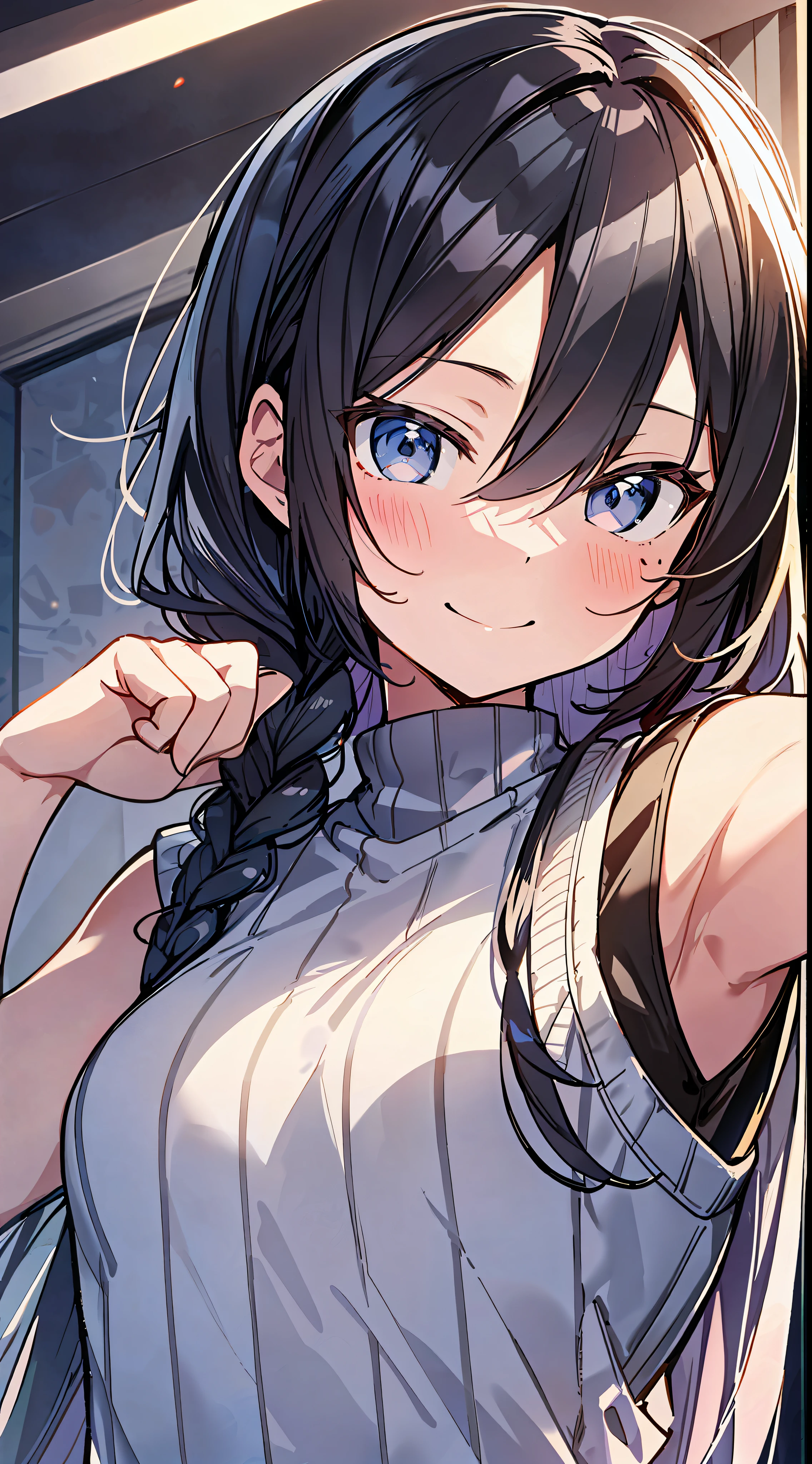 Top Quality, Best Masterpiece, Ultra High Definition, 8k, White Sweater Vest, Anime Style Little Loli, Single, Ultra Detailed Line Art, Digital Enhancement, Anime Core, Flowing Fabric, Close Up, ((Hair length to shoulder mouth and short braid)), staring at us from the front, Soft drawing, Beautiful black hair, ((Little girl in anime style)), crisp eyes, smiling smile, Ultra-detailed digital anime art, clear face depictions, ultra-detailed anime character art, ultra-detailed manga style, top quality colors, hand gestures, foot-up angles, indoor