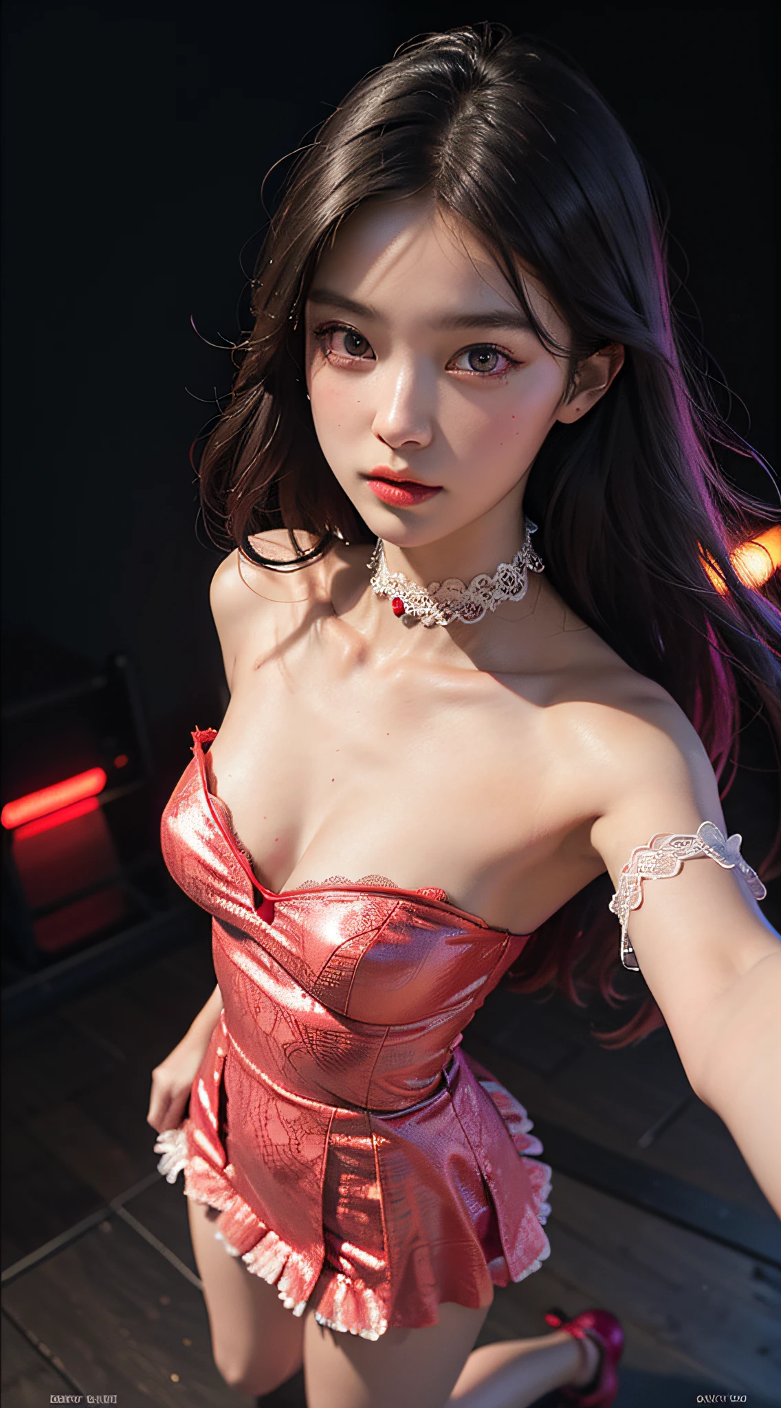 Close-up, (neon, night view, Dutch angle, from above, strapless: 1.3), masterpiece, top quality, raw photo, photorealistic, off-shoulder, red lace dress, red choker, reddish-purple eyes, up, upper body, cleavage, face light, shiny skin, film grain, chromatic aberration, absurdity, high resolution, ultra detail, detail, detailed eyes and face, Sharp pupil, realistic pupil, sharp focus, full body, pose to take photo