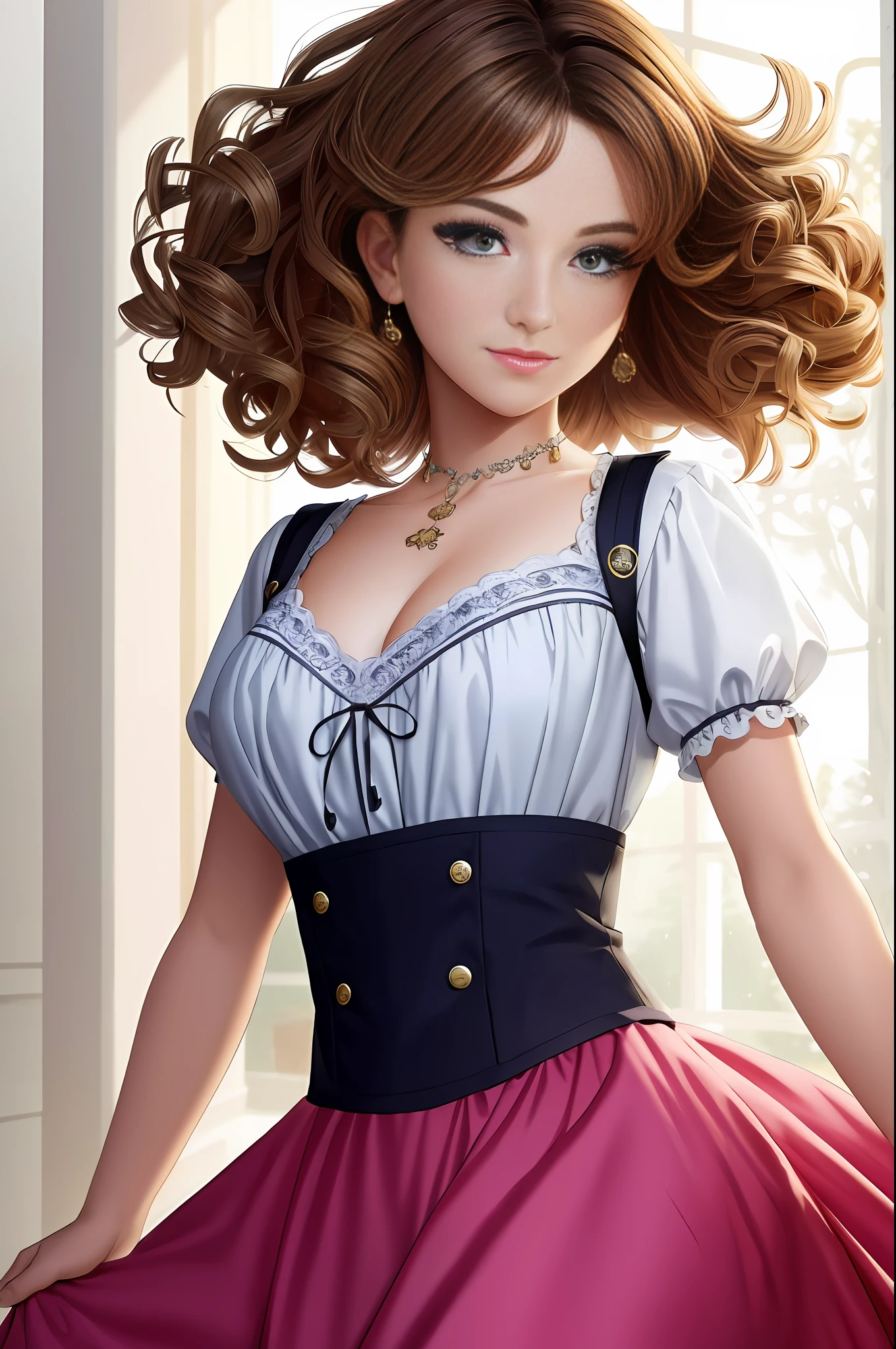 Illustration, Anime Style, (Masterpiece, Top Quality, Ultra Detailed, High Definition), Perfect Face, Beautiful Eyes, Smile, Side Light, Shiny Skin, (Bloom), (Shine), Lighting, Ray Tracing, 1girl, Solo, Blonde and Black Hair Mixed, Black Moisturized Eyes, Summer Short Sleeves, Hair Bow, Pink Skirt, Bow, Pink Bow, Lips, Upper Body, Curly Hair, Chest, Parted Lips, Jewelry, depth_ of_field, Very detailed background, Very detailed background, Masterpiece, Super detail, Great composition,Dynamic Angle,[Bottle Bottom],(Wide Shot), Very Delicate and Beautiful,(Best Quality), (Master Work), Depth of Field, Solo, Extreme Light and Shadow, Masterpiece, Detailed, (Fine Features), (Best Quality), (Masterpiece), (Detail), (Beautiful) Detail,Beautiful Detail Eye,(Straight On), Upper Body,(Very Detail CG Unity 8k wallpaper),(Masterpiece), (Best Quality), (Super Detail), (Best Illustration)(Best Shadow),Perfect Lighting,Perfect Anatomy