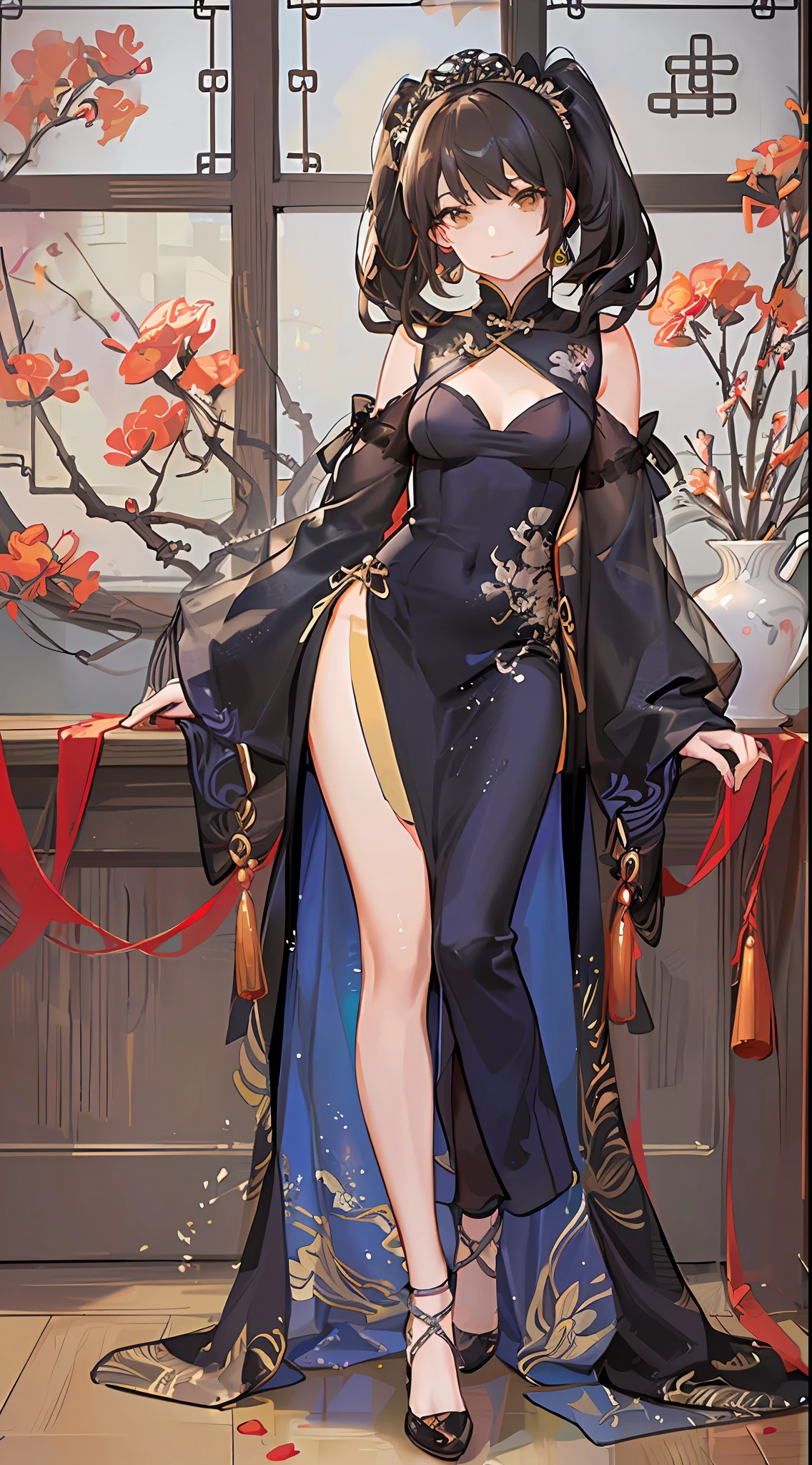 girl,full body,(detailed face:1.2), masterpiece, fashion,chinese dress,, medium hair, black hair, twintails, blunt bangs, brown eyes,