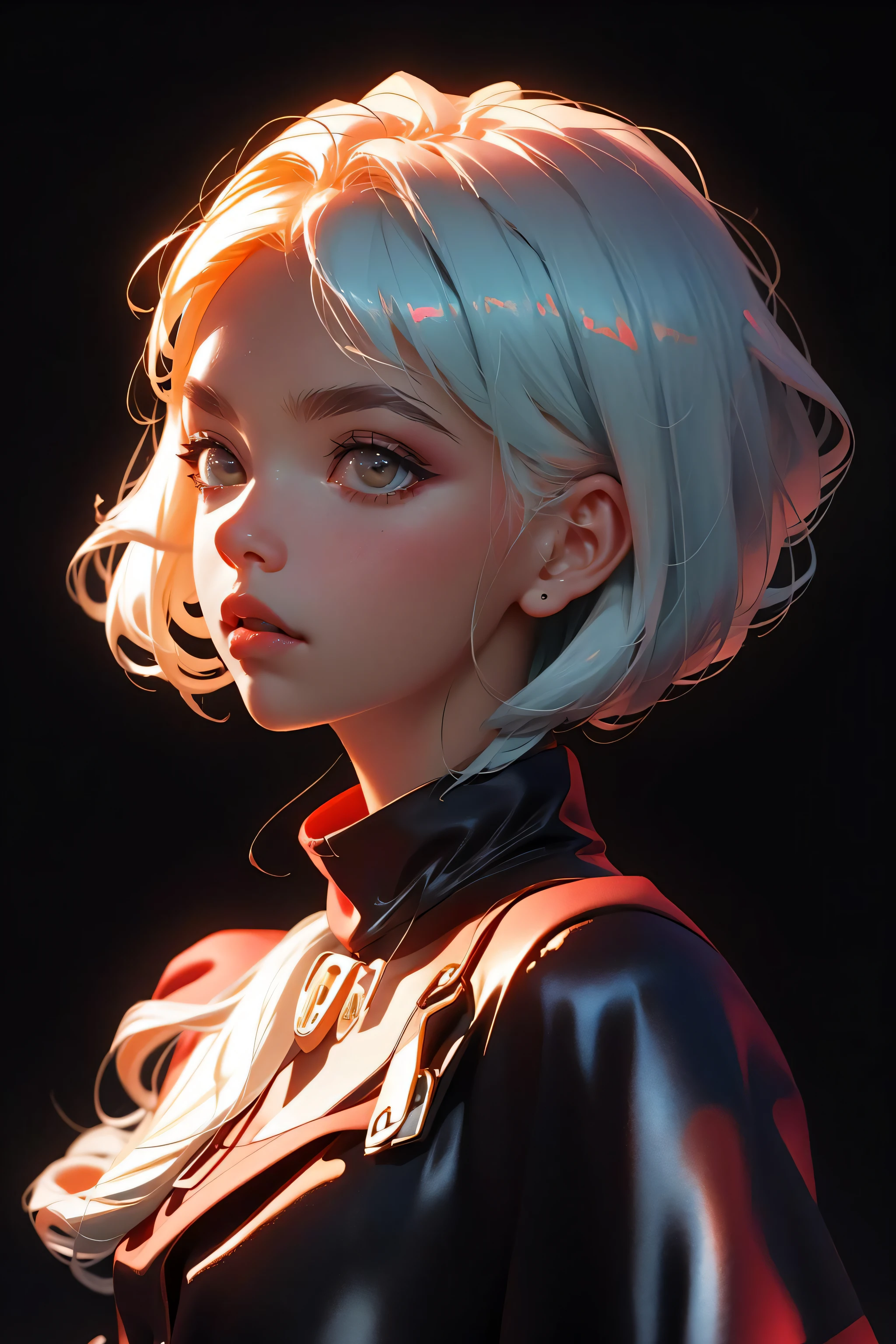 Highest quality,The perfect masterpiece,Perfect artwork,8K,
(Upper Body Portrait:1.5),(((Seen from the side:1.2))),close-up lens,Delicate face,
White-haired girl,(hakuhatsu:1.3),short and medium hair,(Black background:1.3),
pearl illusion,Cyberpunk,fashion trend,3s material,high-definition,detail representation,c4d,3D,octane rendering,ray tracing,complex details,animated lighting,OCrenderer,8k,