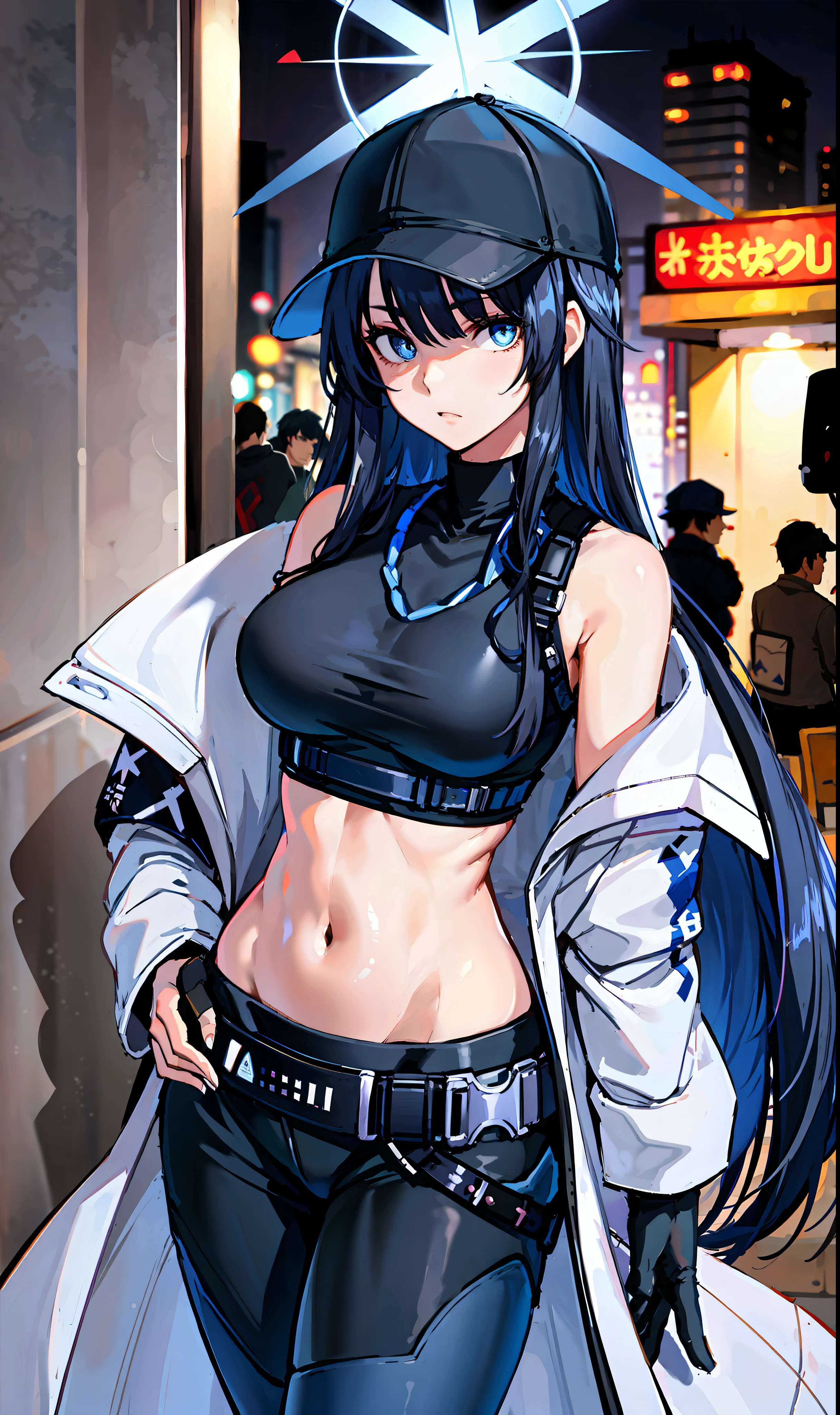 saori, (best quality), (masterpiece), detailed, (illustration), 1girl, long hair, navel, solo, breasts, midriff, hat, off shoulder, pants, crop top, sleeve shirt, belt, sleeveless, black shirt, outdoor, baseball cap , blue eyes, black tiara, big breasts, halo, black pants, black hair, denim lens, bare shoulders, city view, black belt, lower bust, standing, open clothes, coat, blue hair, night, white coat, very long hair, chest strap, closed mouth