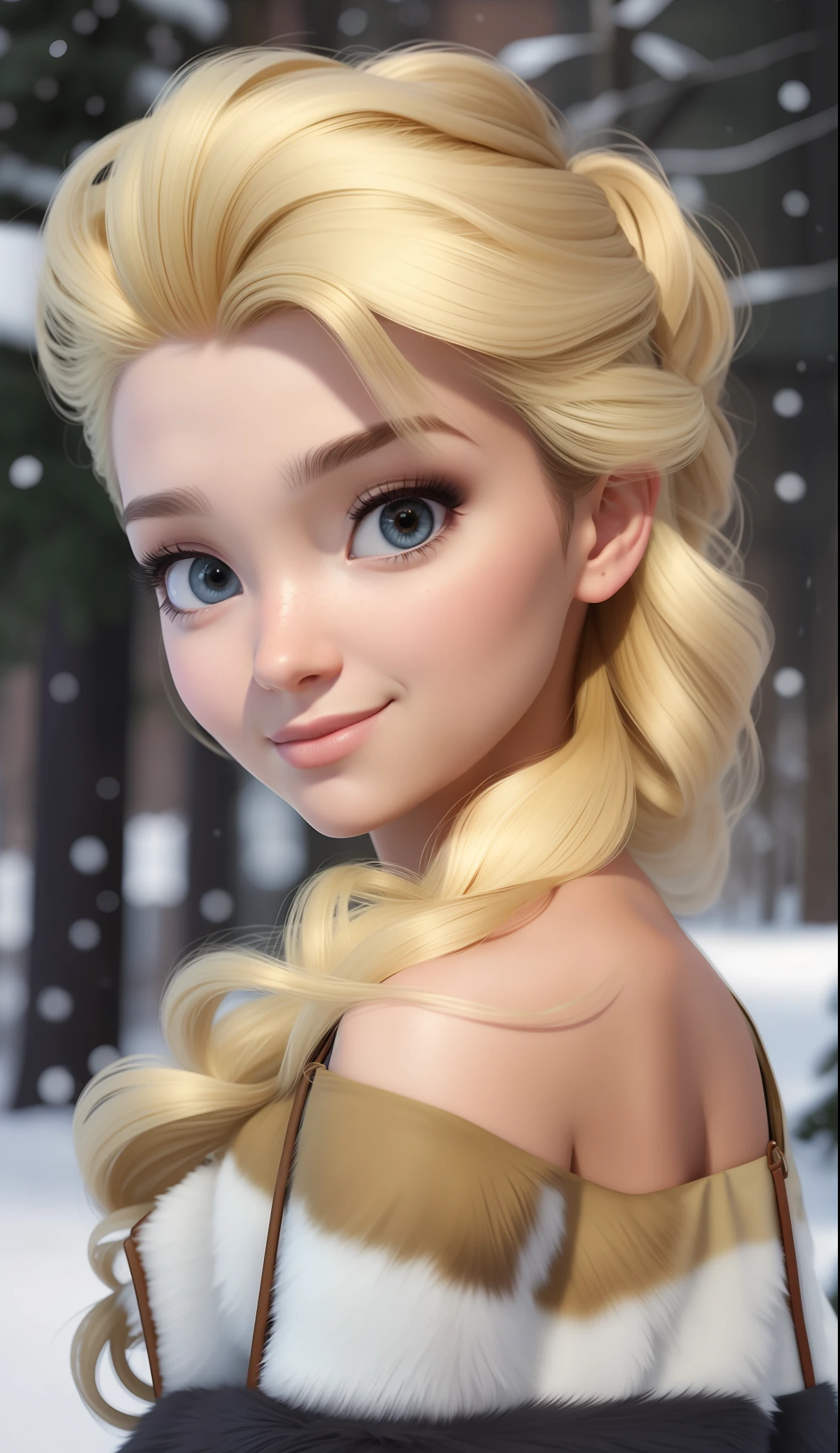 Pixar 3D render, realisitic, portrait, photoreal, snow in the background, detailed hair
