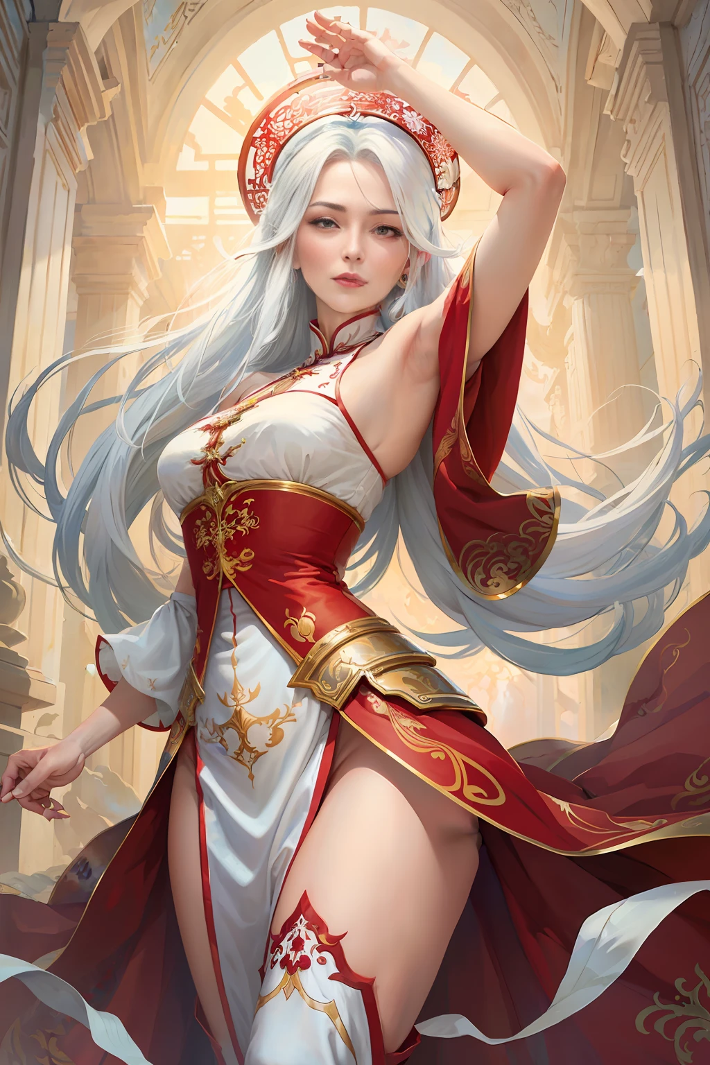 (masterpiece), (best quailty), (best illustration), torino aqua, mature woman, long white hair, red eyes, white chinese clothes, bare shoulders, divine, (from below, low angle), arms up, tall figure, cowboy shot, (detailed fantasy art),