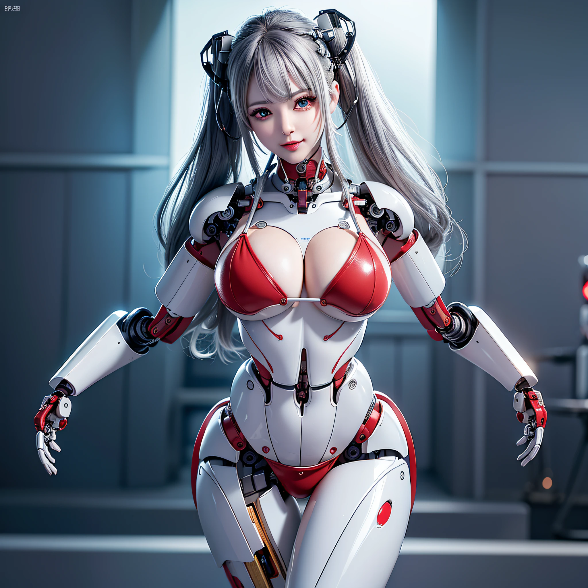 Beautiful Face,face is Japan, 1 Woman, Big, Curvaceous,(8k, RAW photo, top quality, masterpiece: 1.2)(Realistic, Photorealistic: 1.37) (Blood vessel attached to tube)((((Bikini Cyborg robot parts)))), (Light gray hair), Long hair, Wavy hair, Twin tails, Medium shot, ((Seductive smile) ), (black eyes), princess cut, from below, (whole body),posing,,in the lab,( blood vessel connected to a tube),((mechanical vertebrae attached to the back)),((mechanical neck attached to the neck)),(wire and cable attached to the head and body),(character focus),science fiction,perfect female figure,perfect anatomy,hyperanatomy,full body shot,