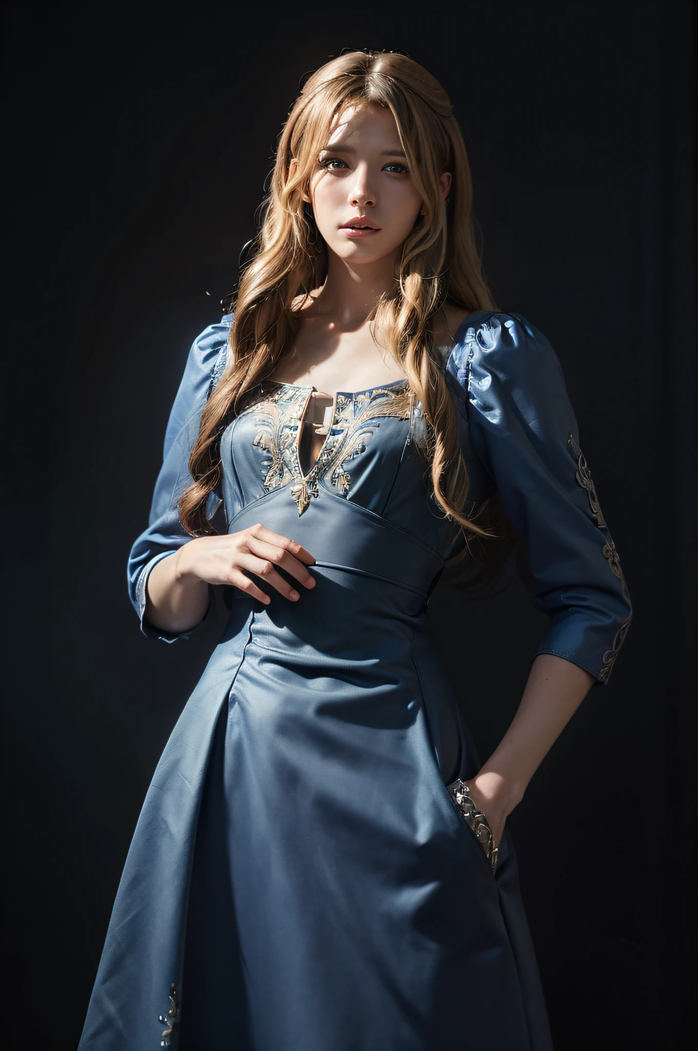 (Previous Focus), (Darkness: 1.6), Hyperrealism Female Portrait by David Hockney and Alphonse Mucha, Fantasy Art, Photoreal, Dynamic Lighting, Art Station, Poster, Volume Lighting, Highly Detailed Face, 4K, Award-Winning Girl, Moonlight, Deep Shadows, Low Key, Cowboy Shot, (formal dress: 1.4), (((curly long hair)), blonde hair, (((((beautiful man dress))))