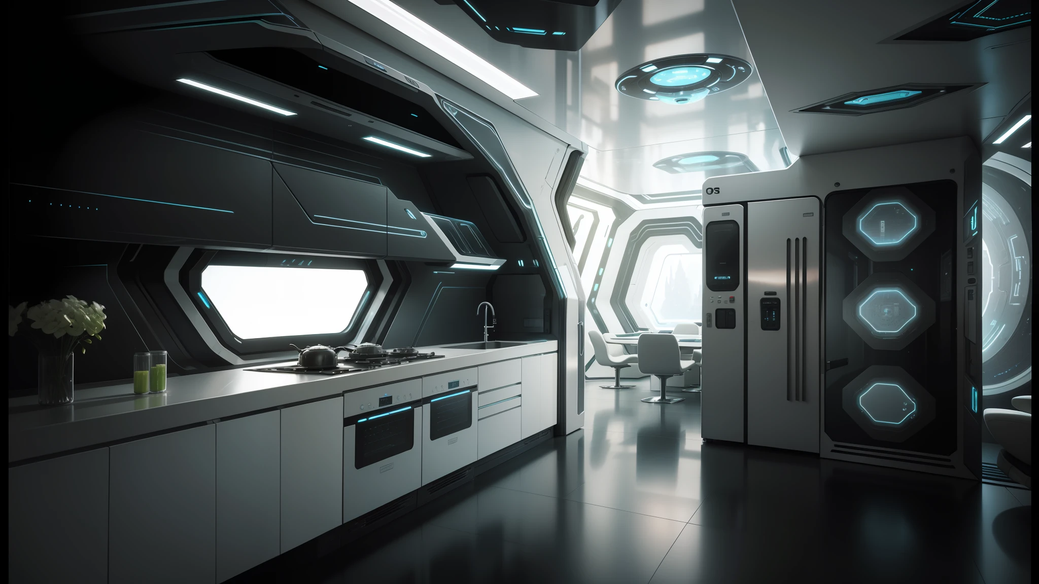 there is a futuristic kitchen with a large window and a refrigerator, futuristic interior, futuristic decor, sci - fi interior, futuristic. game cg, high tech space ship interior, cyberpunk apartment, detailed futuristic architecture, futuristic space ship interrior, futuristic design, future science fiction. game cg, detailed spaceship interior, spaceship interior, futuristic room, futuristic spaceships --auto --s2