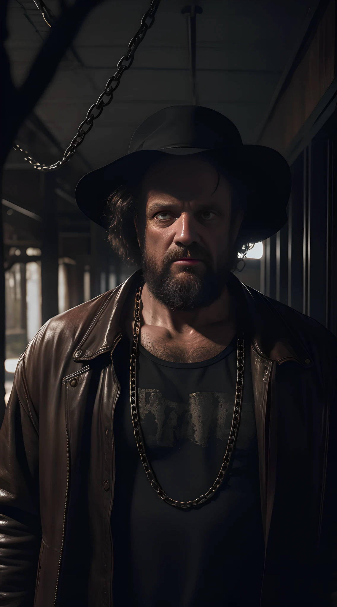 Dark Environment, Best Quality, Masterpiece, Robert Pickton, Middle-Aged Male, Slaughtering Clothes, Brown Hair, Farm, Front, Chains, Upper Body, 4k, Surrealism
