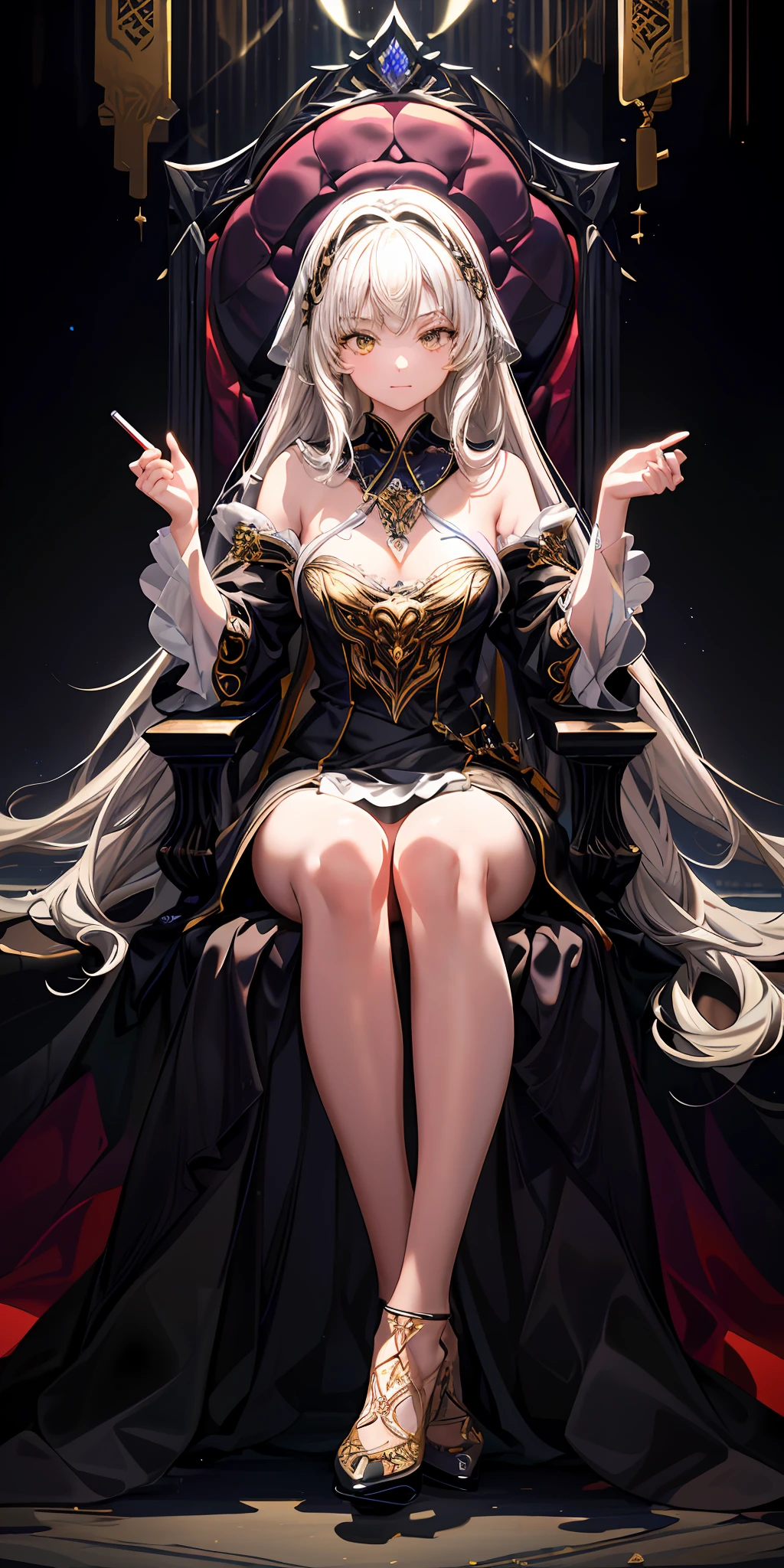 Masterpiece:1.2), best quality, (illustration:1.2), (ultra-detailed), hyper details, (delicate detailed), (intricate details), (cinematic light, best quality Backlights), clear line, from below, solo woman, perfect body, (1girl), white hair and yellow eyes, (emperor, black see-through clothes) sitting on the throne, eyes slightly closed, head down, head down, (shy: 1.2 ), (makeup), high contrast, (best illumination, an extremely create and beautiful), (cinematic light)), colorful, wearing black shoes, Place your hands flat on the throne
