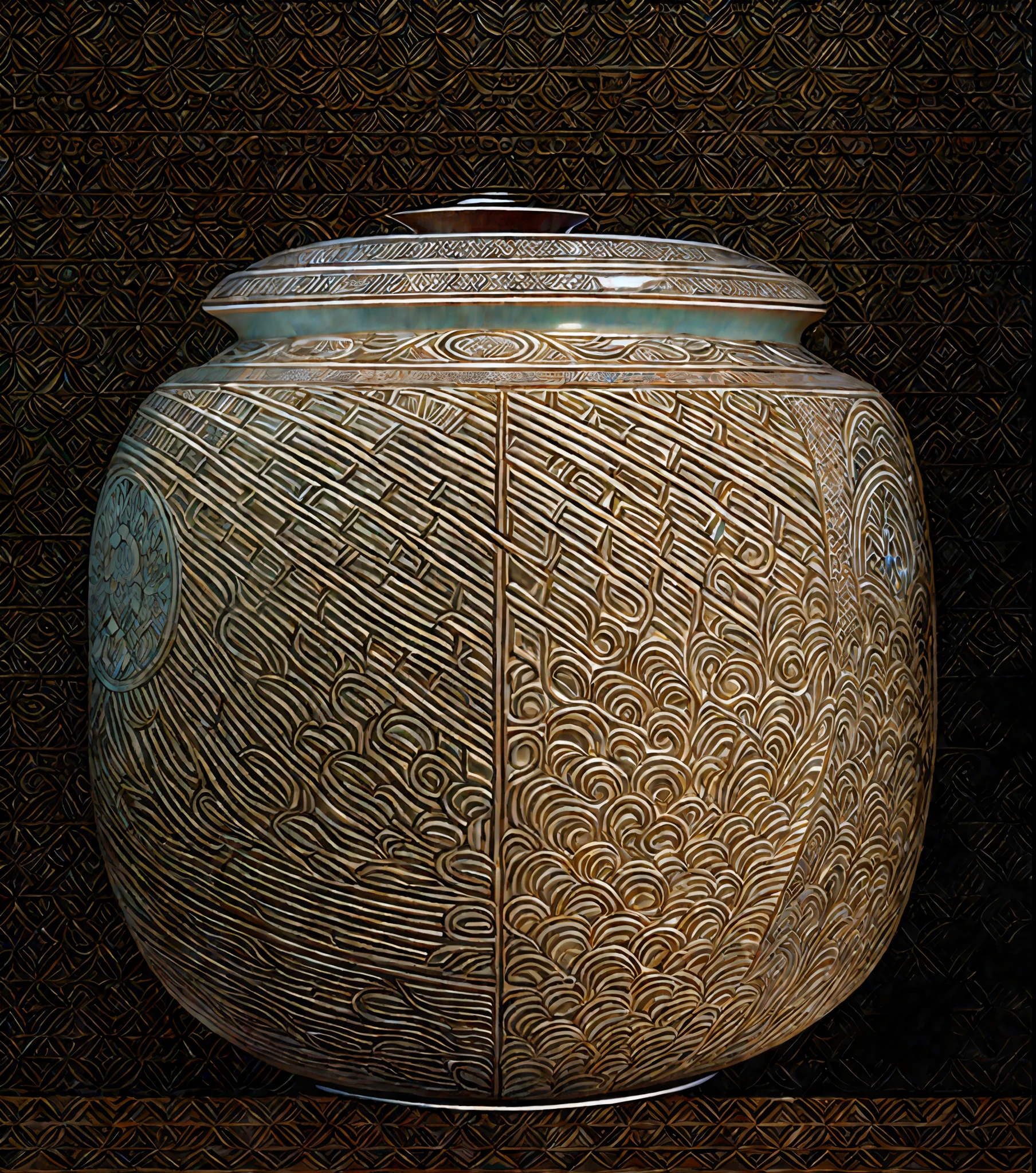 "The Midjourney Multiverse" is highly detailed carvings on porcelain, Japanese style, partially glazed, wood-burning, art gallery