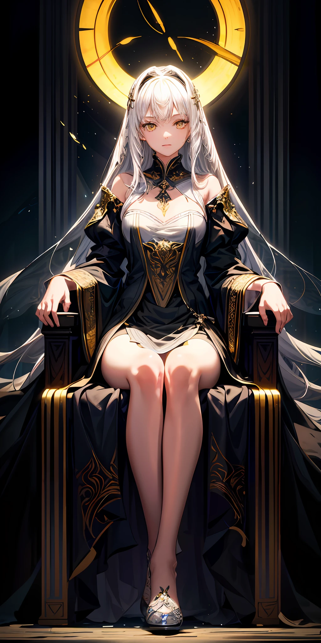 Masterpiece:1.2), best quality, (illustration:1.2), (ultra-detailed), hyper details, (delicate detailed), (intricate details), (cinematic light, best quality Backlights), clear line, from below, solo woman, perfect body, (1girl), white hair and yellow eyes, (emperor, black see-through clothes) sitting on the throne, eyes slightly closed, head down, head down, (shy: 1.2 ), (makeup), high contrast, (best illumination, an extremely create and beautiful), (cinematic light)), colorful, wearing black shoes, Place your hands flat on the throne
