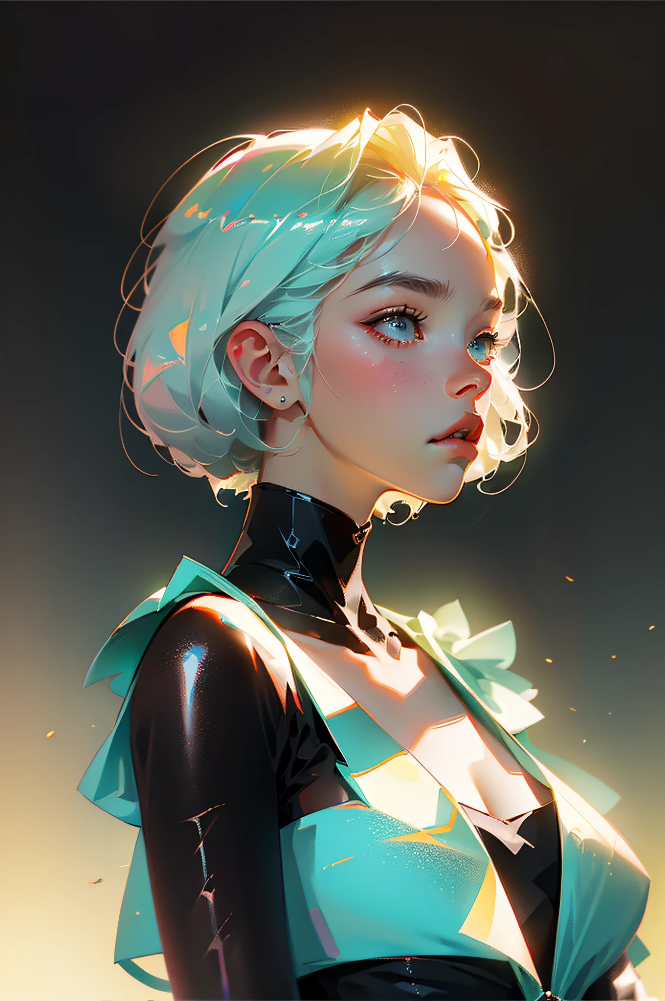 Highest quality,The perfect masterpiece,Perfect artwork,8K,
(Upper Body Portrait:1.5),(((Seen from the side:1.2))),close-up lens,Delicate face,
White-haired girl,(hakuhatsu:1.3),short and medium hair,(Black background:1.3),
pearl illusion,Cyberpunk,fashion trend,3s material,high-definition,detail representation,c4d,3D,octane rendering,ray tracing,complex details,animated lighting,OCrenderer,8k,