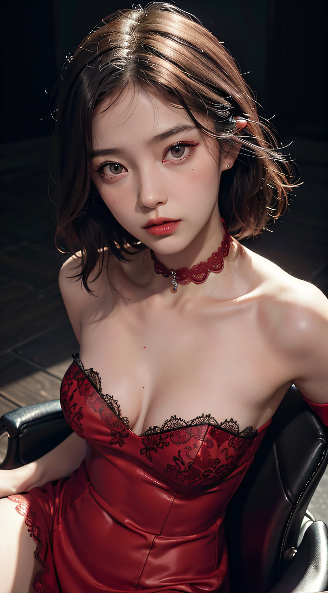 Close-up, (neon, night view, Dutch angle, from above, strapless: 1.3), masterpiece, top quality, raw photo, photorealistic, off-shoulder, red lace dress, red choker, reddish-purple eyes, up, upper body, cleavage, face light, shiny skin, film grain, chromatic aberration, absurdity, high resolution, ultra detail, detail, detailed eyes and face, sharp pupils, realistic pupils, sharp focus, sexy inviting pose, crotch open