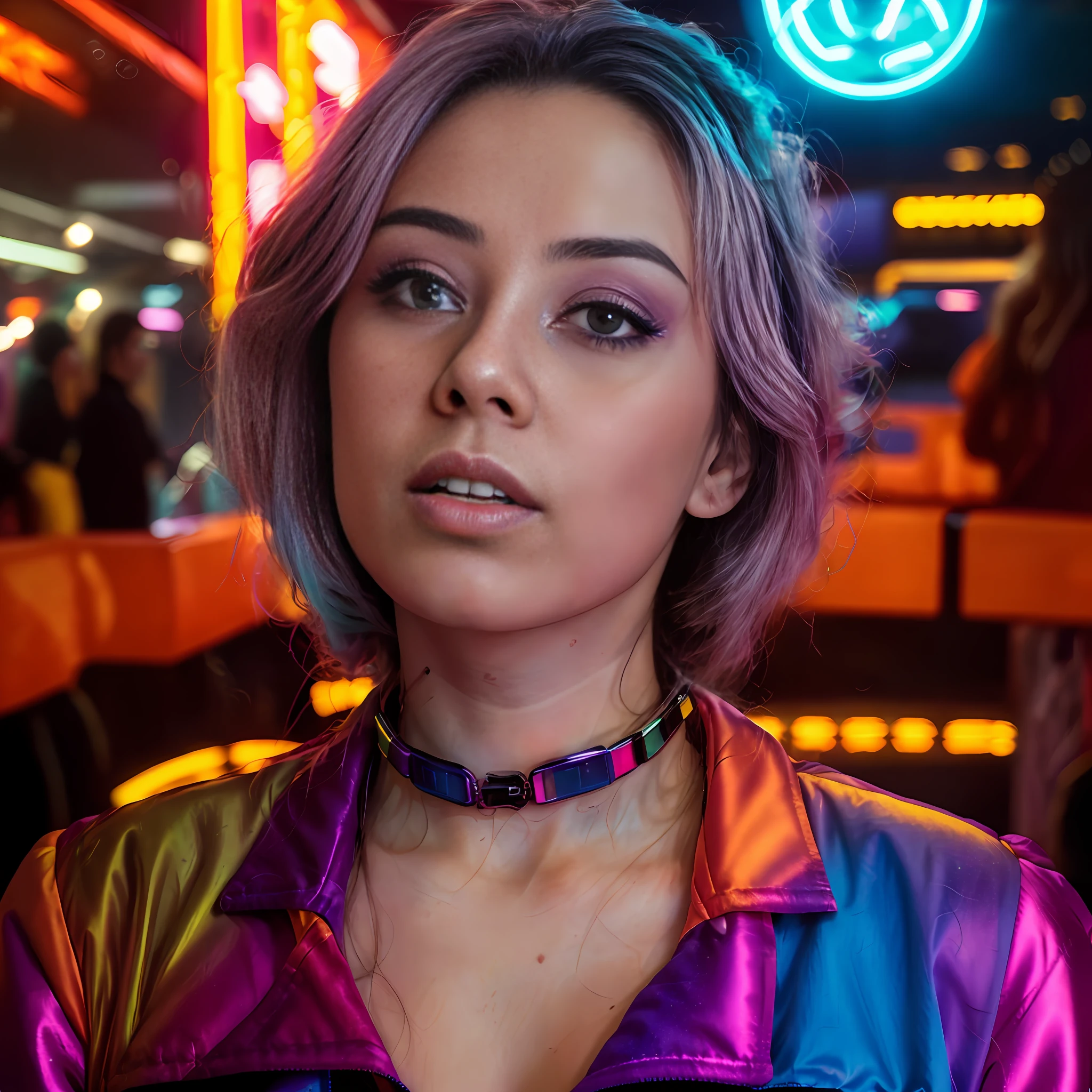 arafed woman with a colorful choke and a neon jacket, neon cyberpunk highlights, neon cyberpunk style, anna nikonova aka newmilky, cyberpunk style color, dreamy colorful cyberpunk colors, colorful glow, neon cyberpunk colors, sydney sweeney, with neon lights, bright cyberpunk glow, neon cyberpunk vibrant colors, cyberpunk vibe, synthwave inspired, portrait sophie mudd