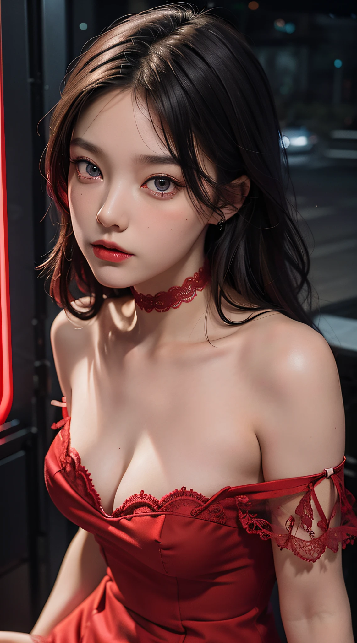Close-up, (neon, night view, Dutch angle, from above, strapless: 1.3), masterpiece, top quality, raw photo, photorealistic, off-shoulder, red lace dress, red choker, reddish-purple eyes, up, upper body, cleavage, face light, shiny skin, film grain, chromatic aberration, absurdity, high resolution, ultra detail, detail, detailed eyes and face, sharp pupils, realistic pupils, sharp focus, sexy inviting pose, crotch open