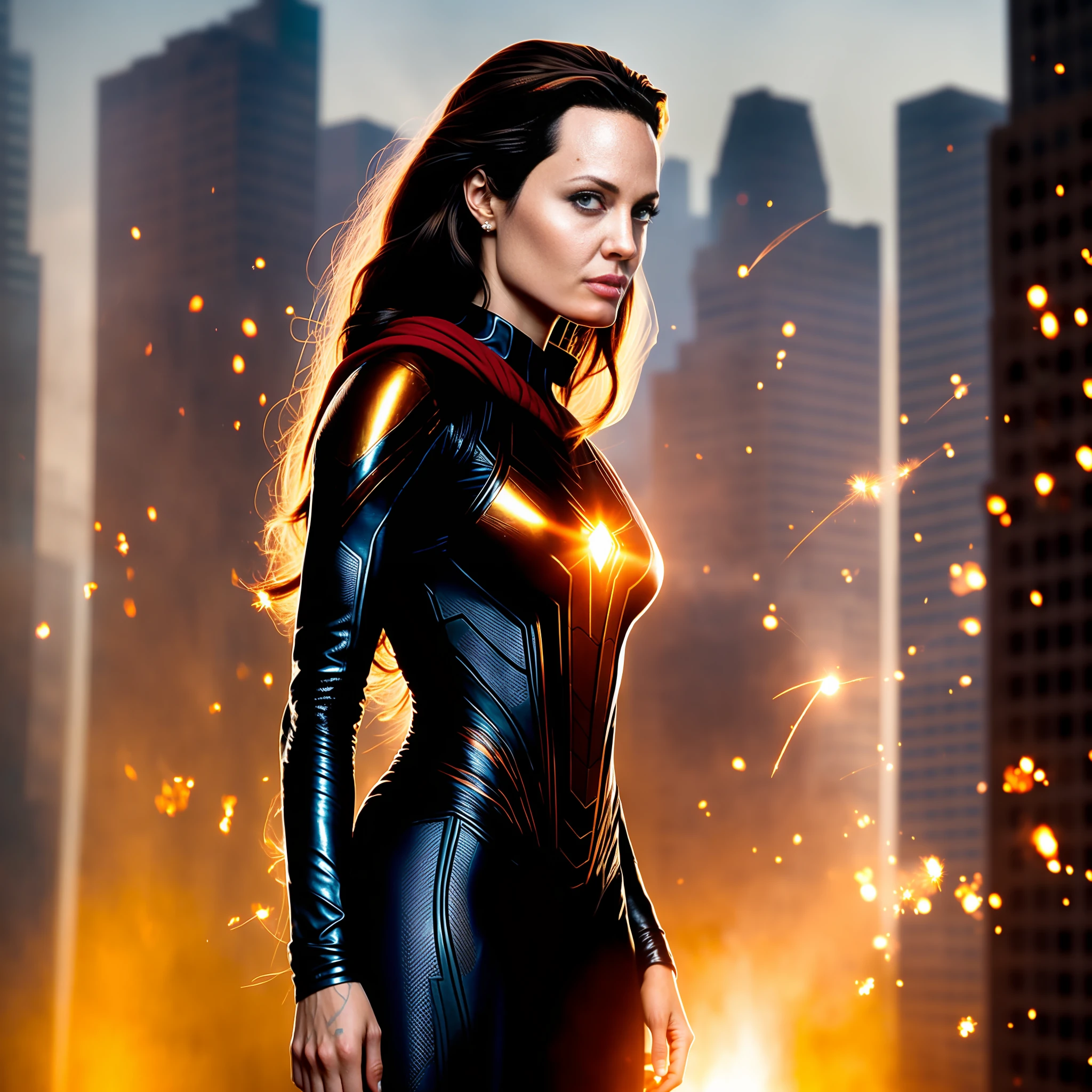 Angelina Jolie in detailed brown Spider-Man costume, big breasts, superhero pose, standing on skyscraper, hyperdetailed, smoke, sparks, sunbeams, (8k), realistic, symmetrical, award-winning, heavy fog, soaked, film, 75mm, scratches, full body shot, close-up, torn and dirty clothes, detailed face,