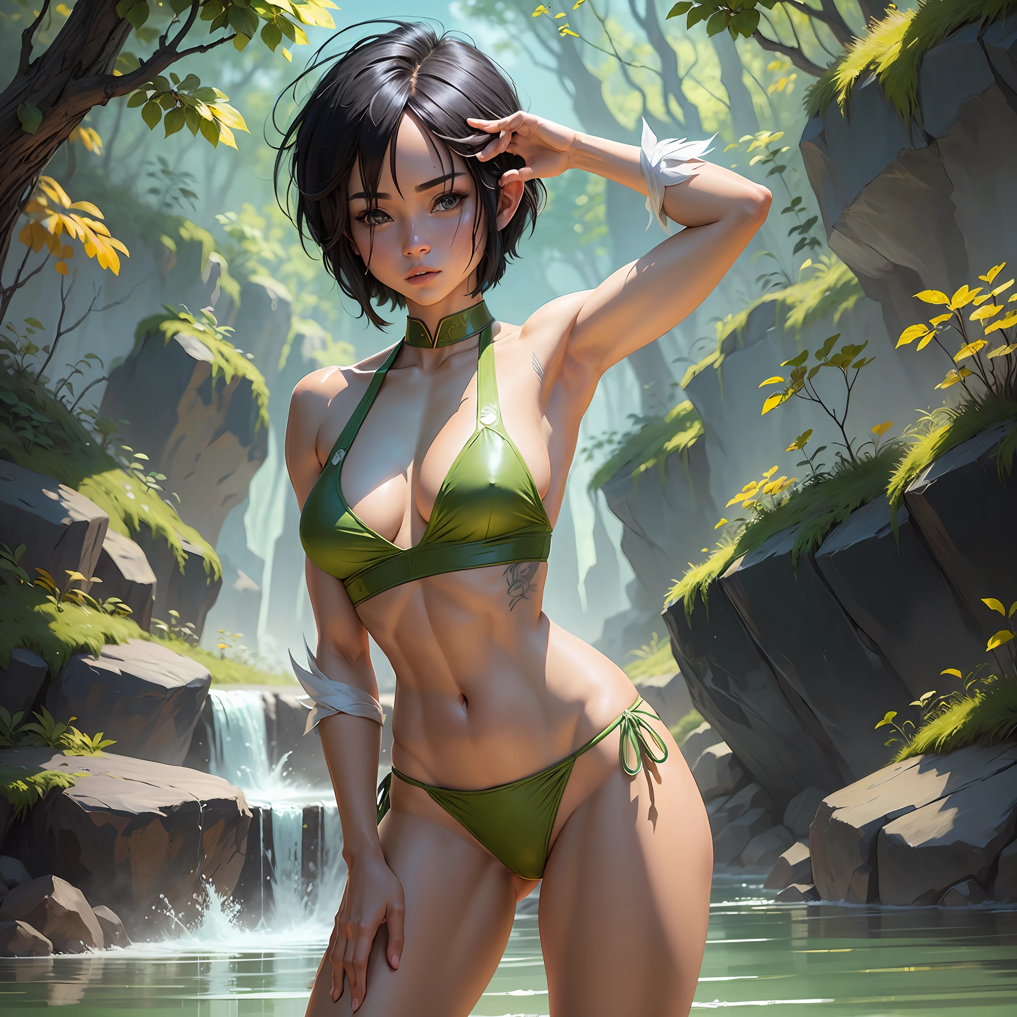 (masterpiece), best quality, Toph from Avatar: The Legend of Aang half-naked, with translucent bikini, with unique features, exceptional beauty, with focus on face and body, sunset, soft texture, blurred background. --auto --s2