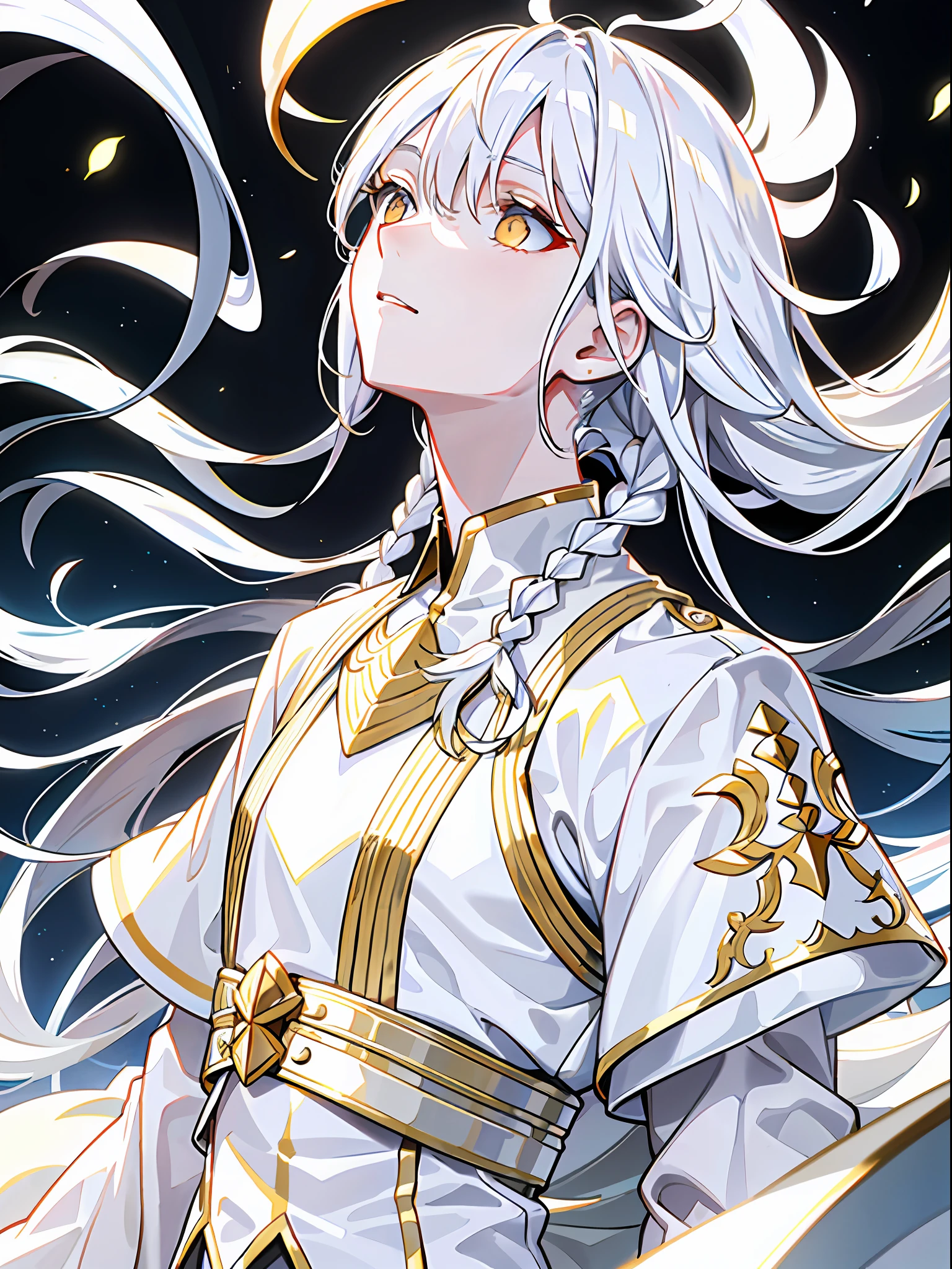 best quality, masterpiece,white hair, gold eyes,white clothes, looking up, upper body,hair strand,Fair skin,side braids