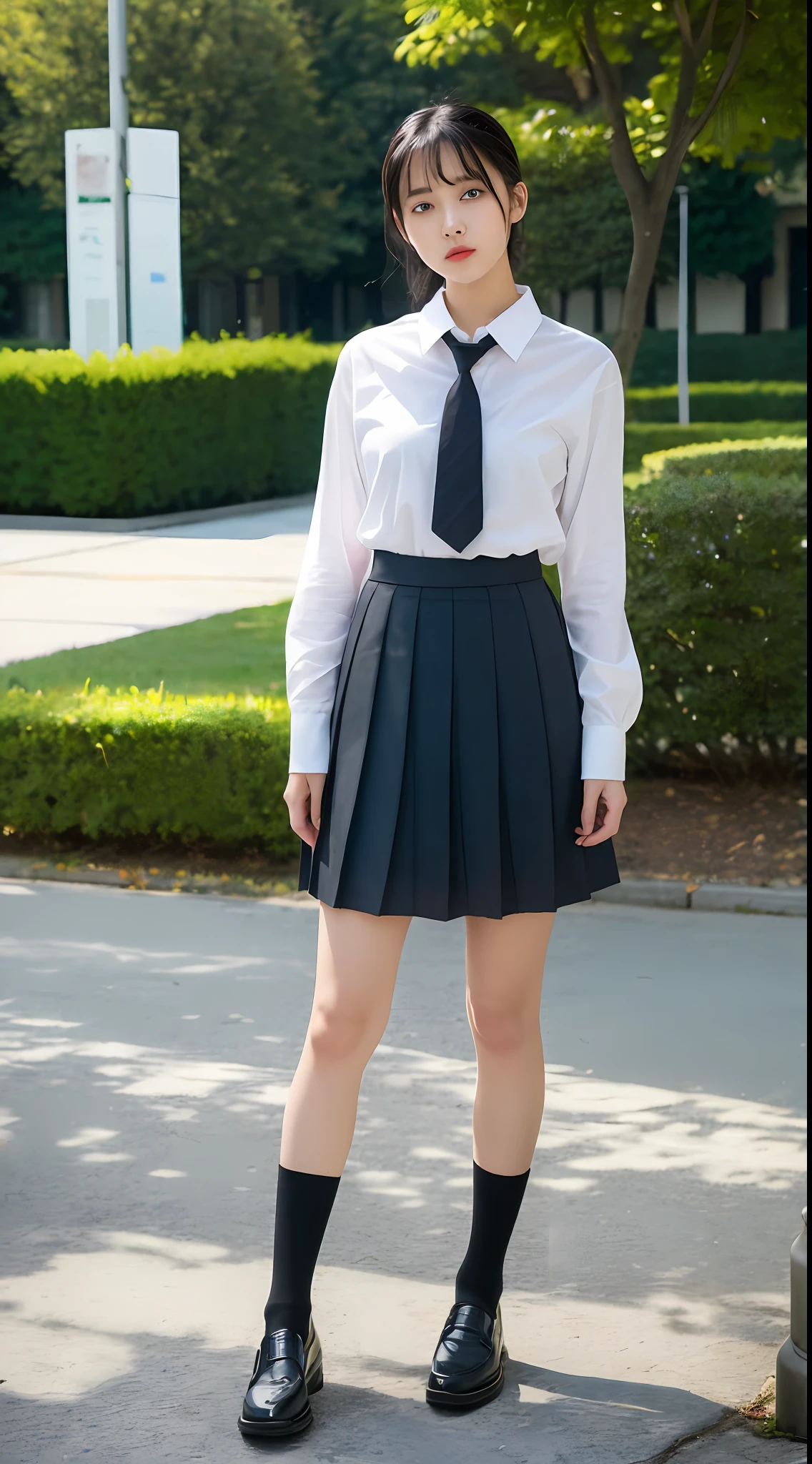(8k, original photo, best quality, photo fidelity: 1.2) (Realistic, Photo Photofidelity: 1.37), Best Quality, Ultra High Resolution, Photon Maps, Radiation, Physical Rendering, Bblurry, Foreground, Blurred Foreground, Depth of Field for Depth, Blurred Background, Motion Blur, 1girl, (Medium), Motion Blur, 1girl, (Full Body), Pleated Skirt, Opaque Clothes, Overlook, Black Loafers, Thigh Legs, Black Cotton Socks, ((Outdoor)),