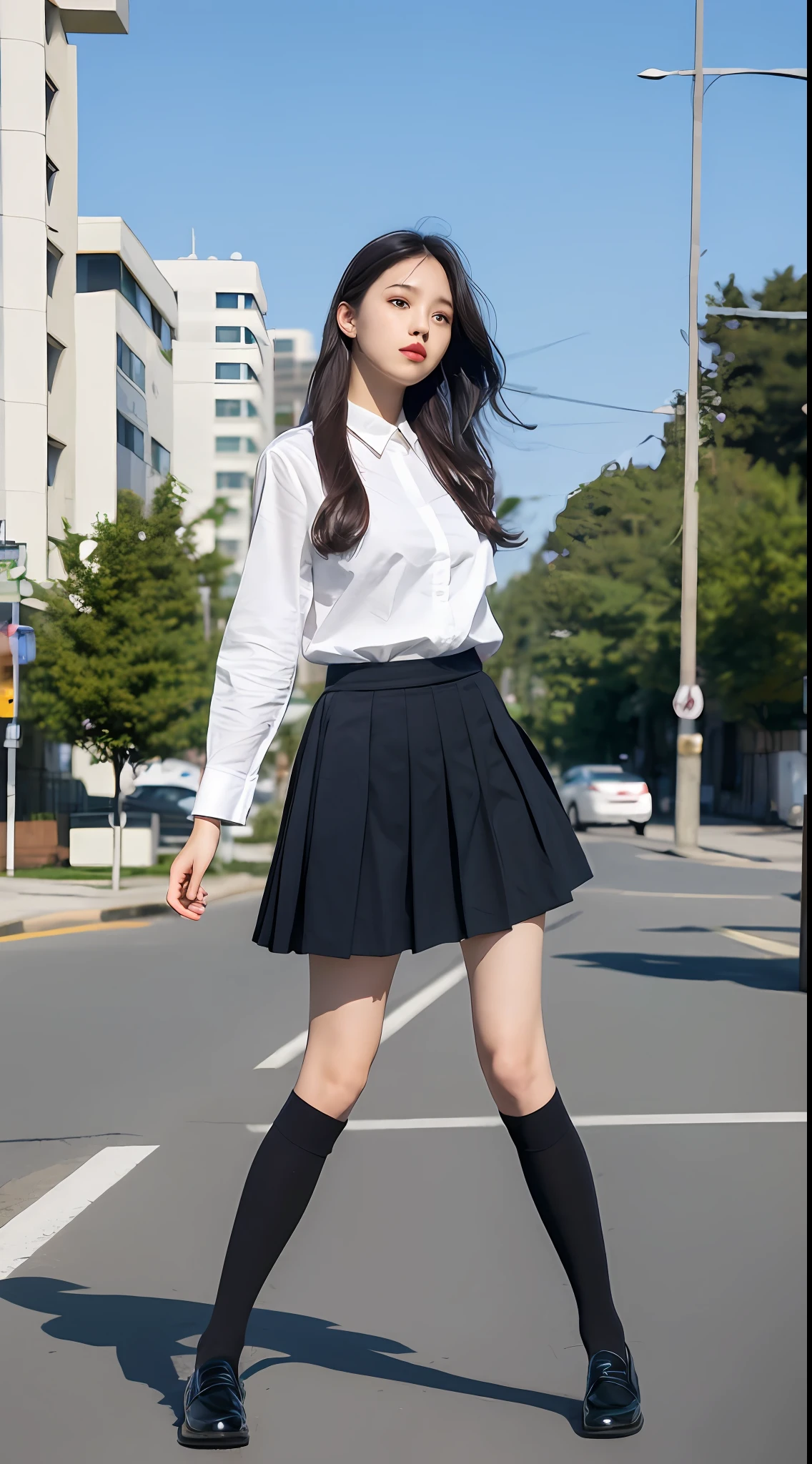 (8k, original photo, best quality, photo fidelity: 1.2) (Realistic, Photo Photofidelity: 1.37), Best Quality, Ultra High Resolution, Photon Maps, Radiation, Physical Rendering, Bblurry, Foreground, Blurred Foreground, Depth of Field for Depth, Blurred Background, Motion Blur, 1girl, (Medium), Motion Blur, 1girl, (Full Body), Pleated Skirt, Opaque Clothes, Overlook, Black Loafers, Thigh Legs, Black Cotton Socks, ((Outdoor)),