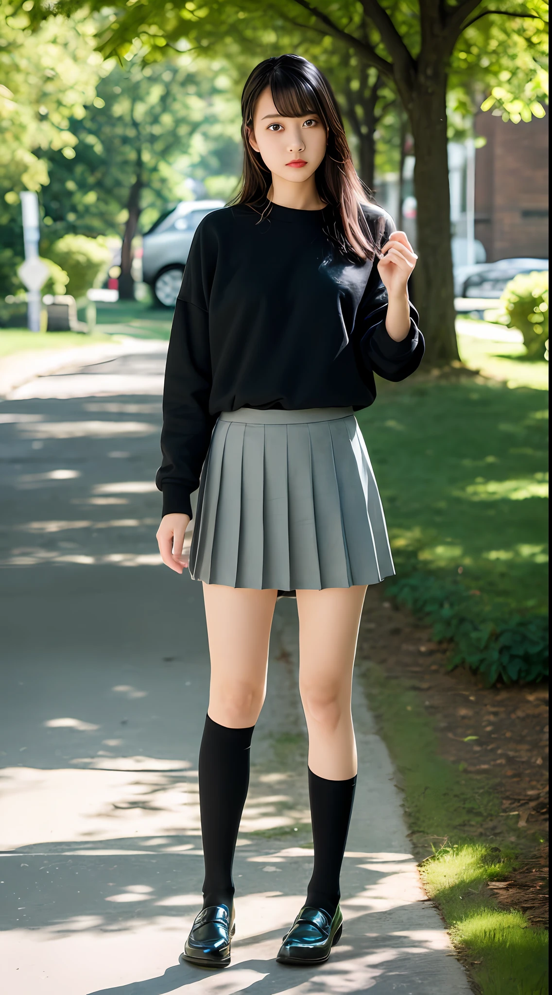 (8k, original photo, best quality, photo fidelity: 1.2) (Realistic, Photo Photofidelity: 1.37), Best Quality, Ultra High Resolution, Photon Maps, Radiation, Physical Rendering, Bblurry, Foreground, Blurred Foreground, Depth of Field for Depth, Blurred Background, Motion Blur, 1girl, (Medium), Motion Blur, 1girl, (Full Body), Pleated Skirt, Opaque Clothes, Overlook, Black Loafers, Thigh Legs, Black Cotton Socks, ((Outdoor)),