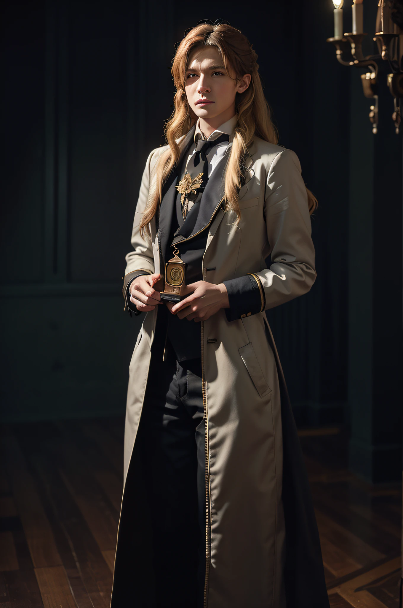 (Previous Focus), (Darkness: 1.6), Hyperrealism Female Portrait by David Hockney and Alphonse Mucha, Fantasy Art, Photoreal, Dynamic Lighting, Art Station, Poster, Volume Lighting, Highly Detailed Face, 4K, Award-Winning Girl, Moonlight, Deep Shadows, Low Key, Cowboy Shot, (formal attire: 1.4), ((curly long hair)), blonde hair, men's fashion