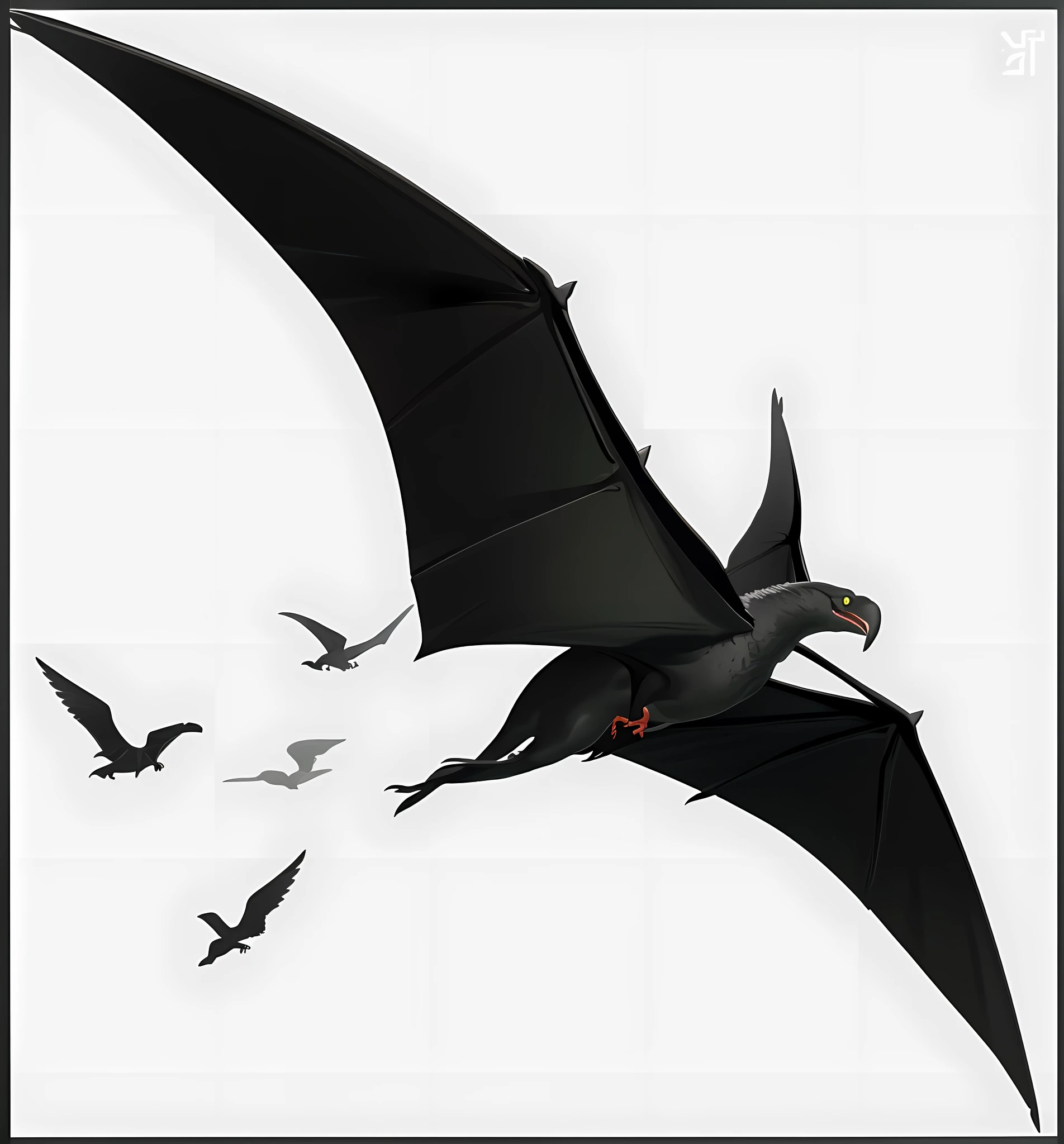 a black and green bat flying through the air with its wings spread, pterodactyl, with pterosaurs flying, pterosaurs flying, pteranadon styling, !!! very coherent!!! vector art, svg illustration, drawn in microsoft paint, with wings. ultra-detailed, lineless, 1024x1024