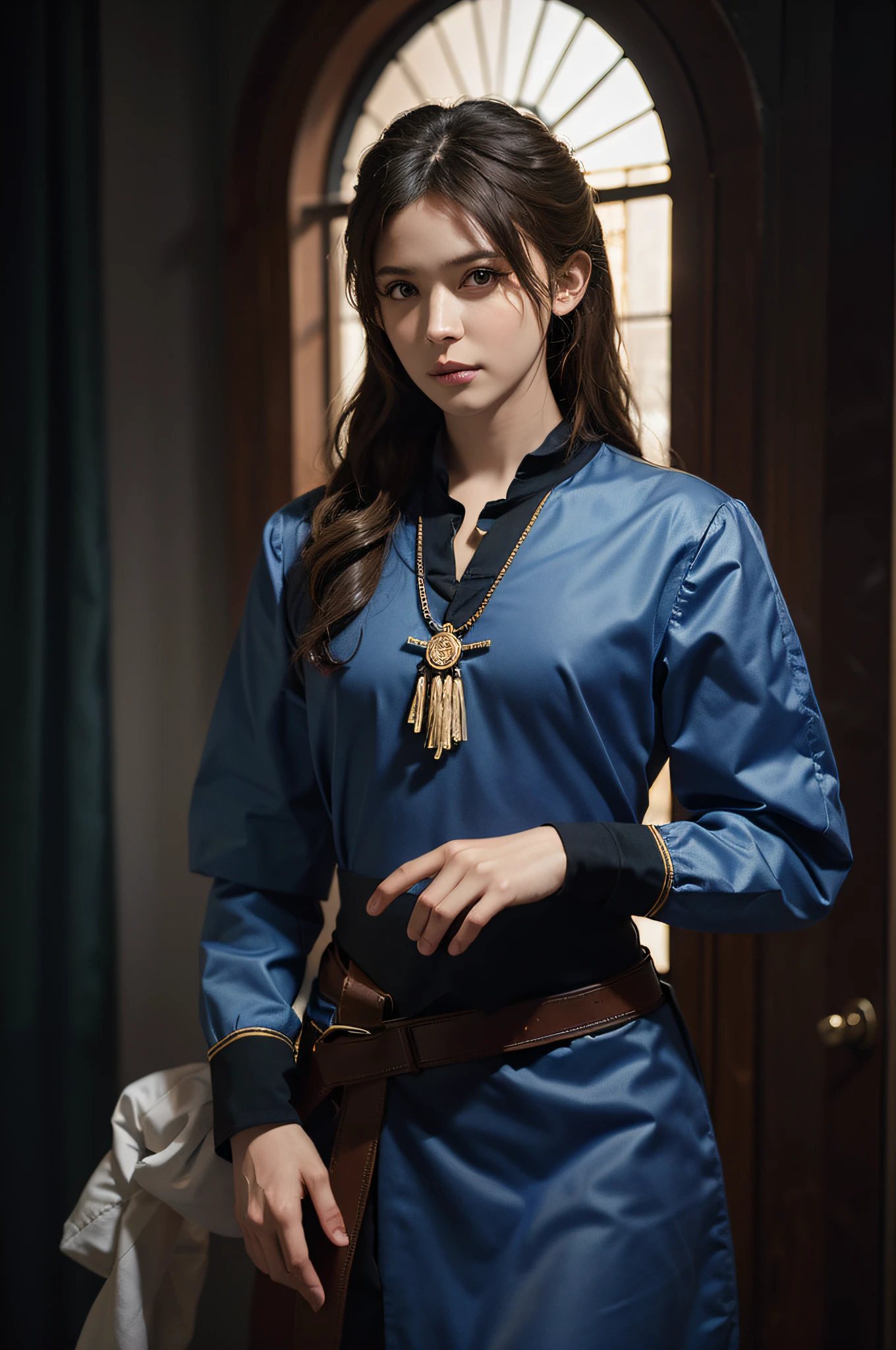 (Previous Focus), (Darkness: 1.6), Hyperrealism Female Portrait by David Hockney and Alphonse Mucha, Fantasy Art, Photoreal, Dynamic Lighting, Art Station, Poster, Volume Lighting, Highly Detailed Face, 4K, Award-Winning Girl, Moonlight, Deep Shadows, Low Key, Cowboy Shot, (formal attire: 1.4), ((curly long hair)), blonde hair, men's fashion