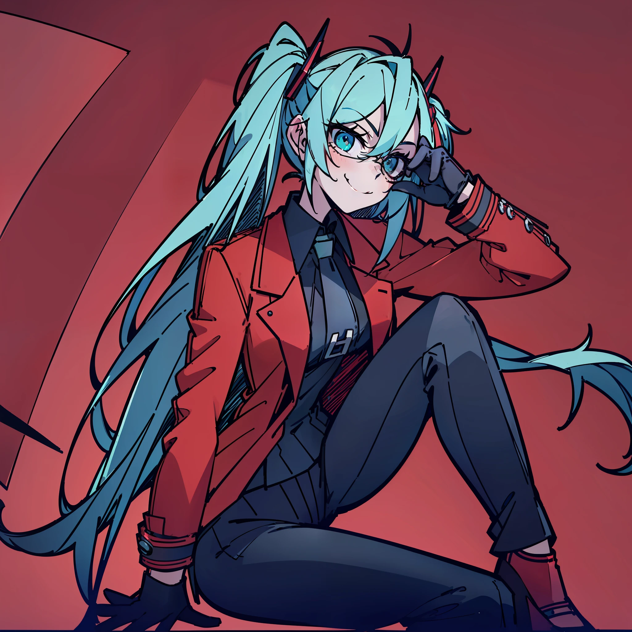 ((Best Quality, 8K, Masterpiece: 1.3)), 1girl, Hatsune Miku, Long hair, double tails, black sunglasses, single, moon, sitting, black tie, blue hair, black pants, cosplay, red jacket, smile, black gloves, red jacket, red suit, formal, long hair, aqua green hair, black gloves, synthwave, red jacket, red suit, red jacket, leather shoes