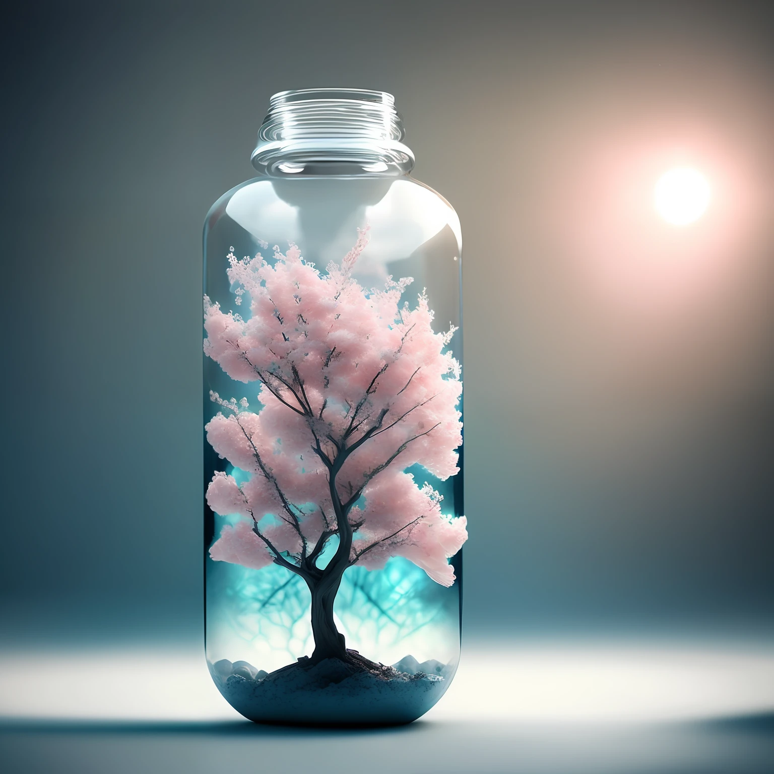 sakura tree in a bottle, fluffy, realistic, atmospheric light refraction, by lee jeffries nikon d850 film stock photograph 4 kodak portra 400 camera f1.6 lens rich colors hyper realistic lifelike texture dramatic lighting unreal engine trending on artstation cinestill 800, Style-Glass