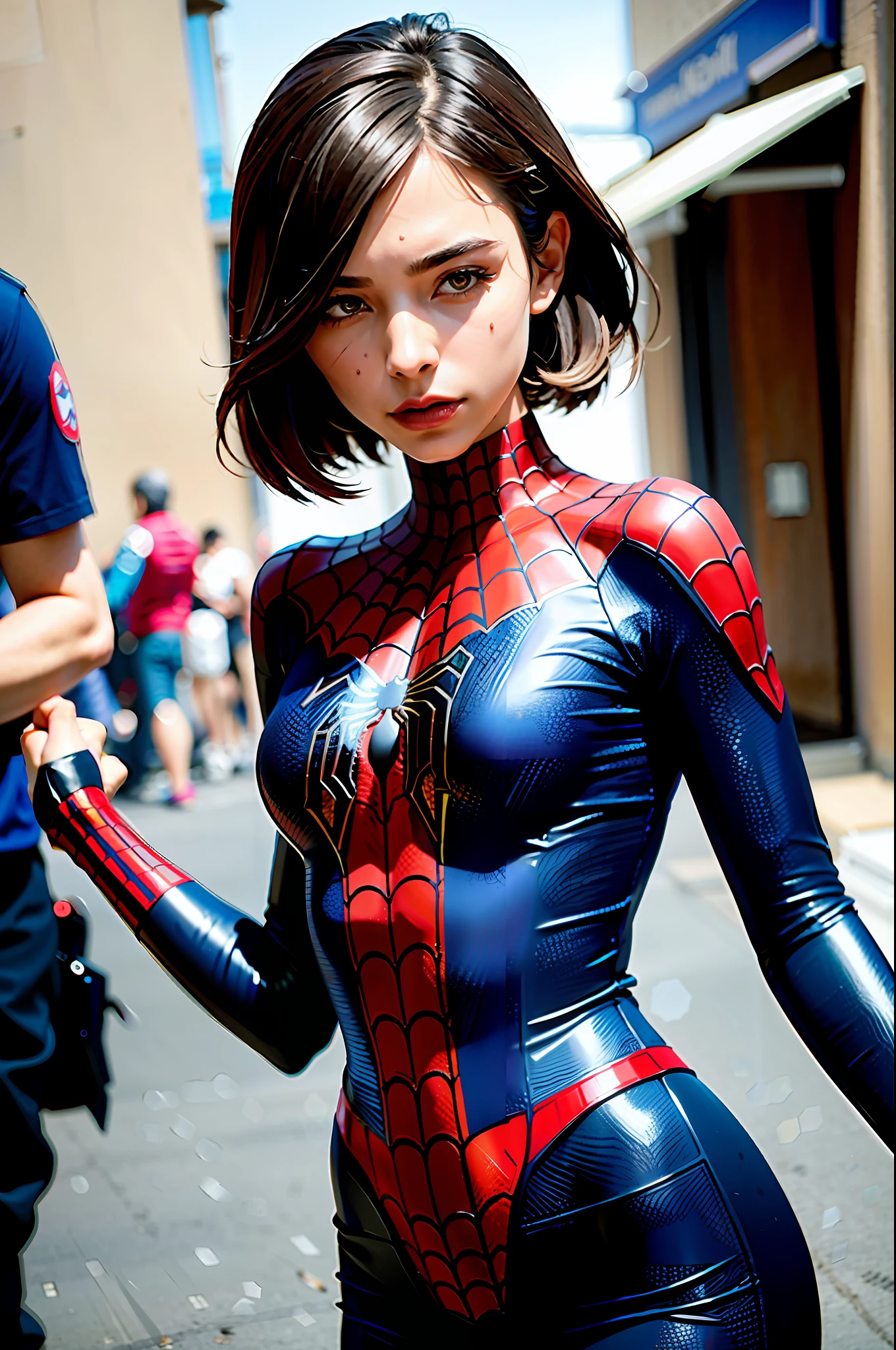 beautiful photo of Bruna lombard, wearing a spider-man costume, an impressive and complex color photo of (sks woman: 1), epic character composition, by Ilya Kuvshinov, Alessio Albi, Nina Masic, sharp focus, natural lighting, subsurface dispersion, F2, 35mm, film grain,