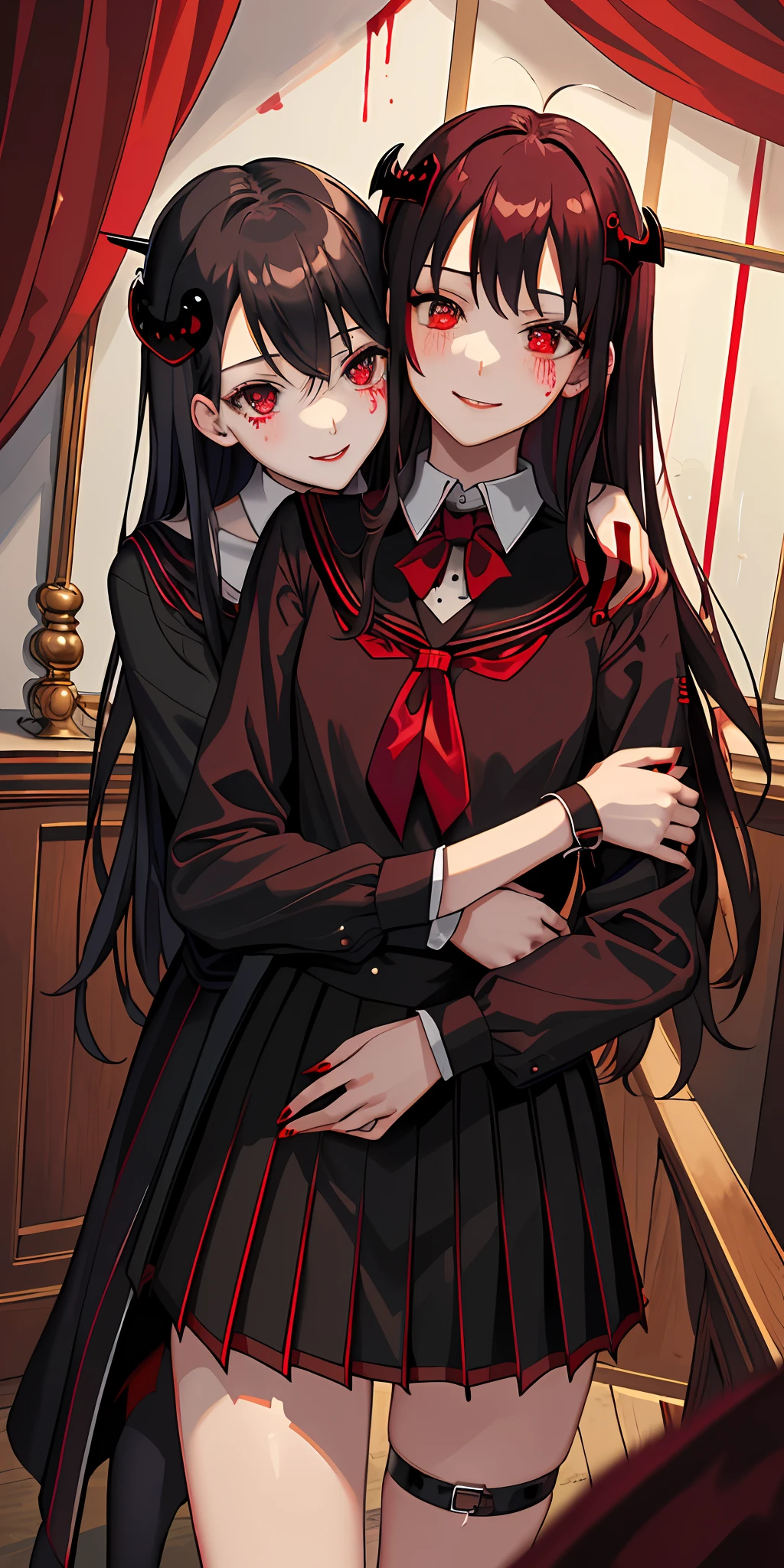 masterpiece, best quality, highres, (2girls,hugs from behind), gorgeous, (vampire:1.15), (red shimmering eyes:1.1), black and white gothic casual dressing, (inside vip club section:1.1), blood stains on lips and cheek, evil smile, horror, blood splatter, unique, experimental,blush, school uniform, (groping),yuri, kiss,