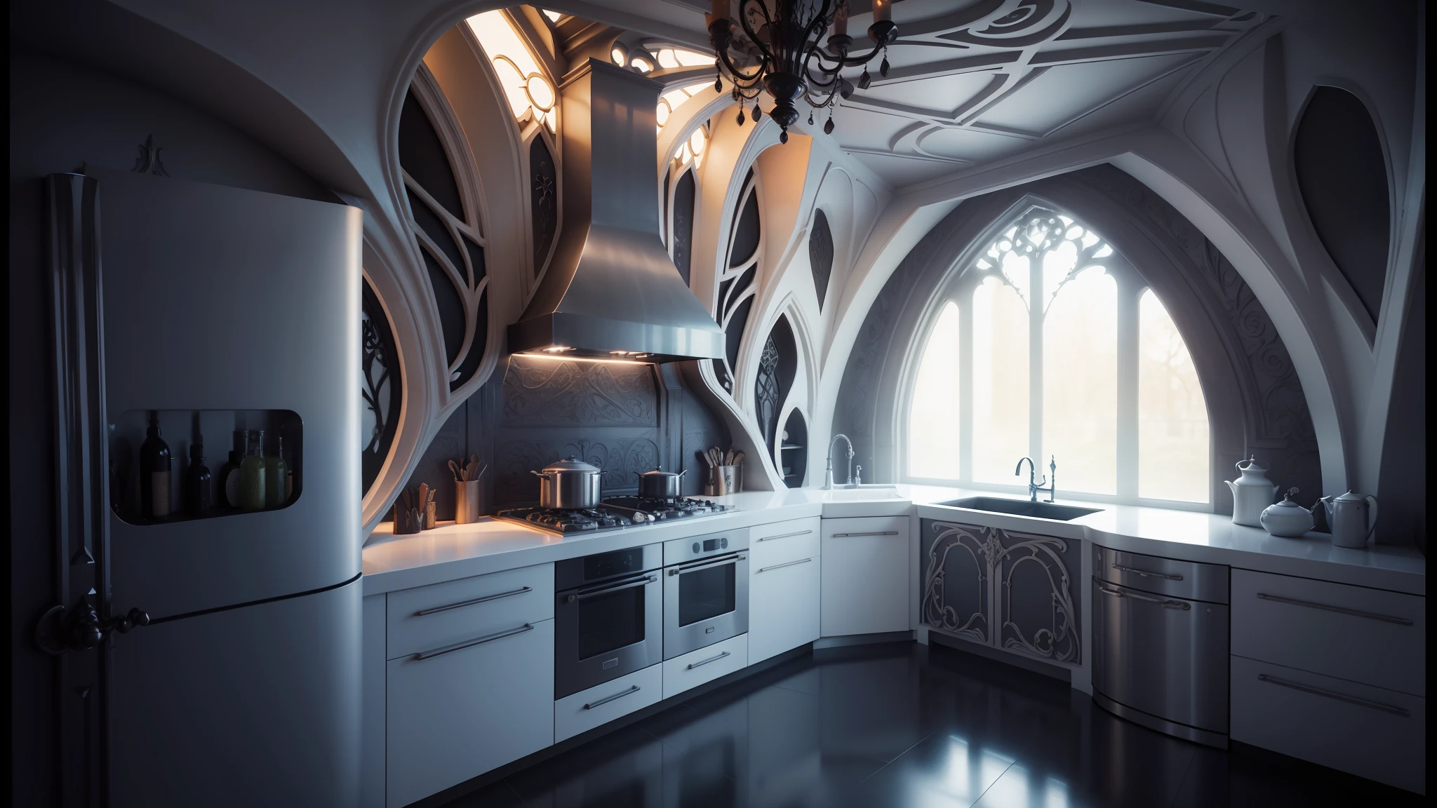 there is a kitchen with a large window and a sink, gothic mansion room, polish mansion kitchen, art nouveau 3d curves and swirls, gothic and futuristic, inspiring gothic architecture, elven architecture, gothic architecture, gothic-futurist architecture, neo-gothic concept, gothic interior, futuristic decor, 3d architecture, gothic mansion, futuristic interior, gothic lighting --auto --s2